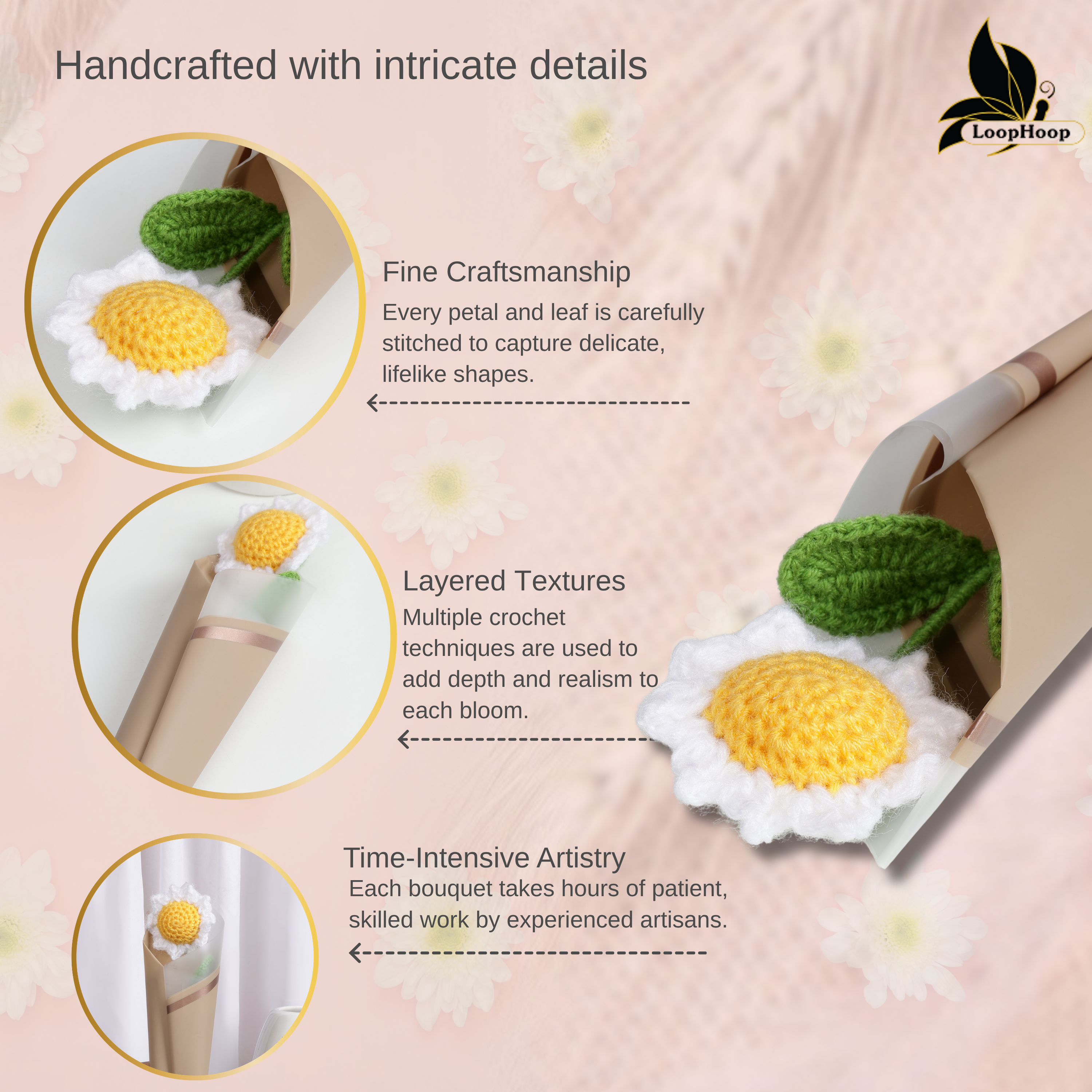 Crochet Handmade White Sunflower Bouquet- 1 steam