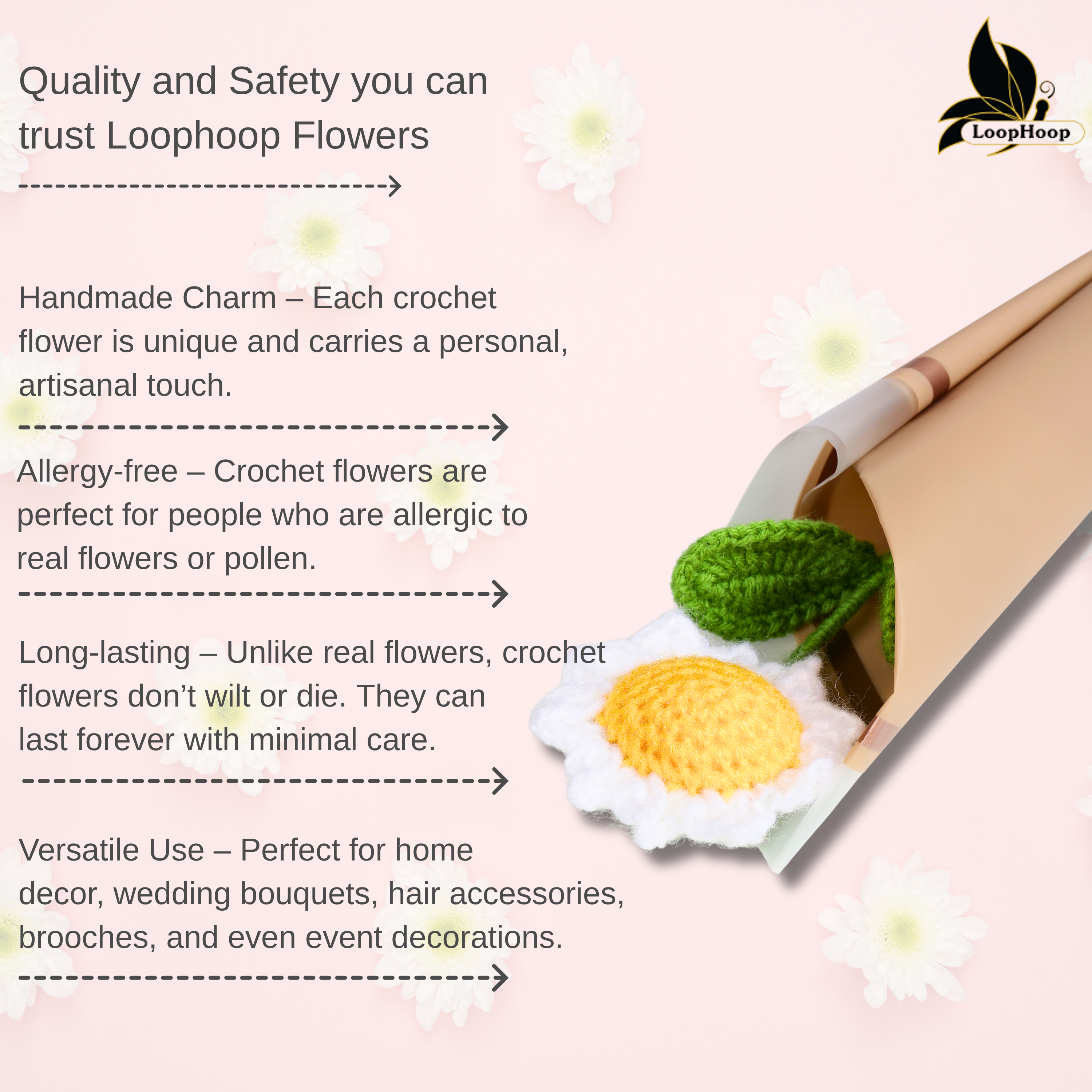 Crochet Handmade White Sunflower Bouquet- 1 steam