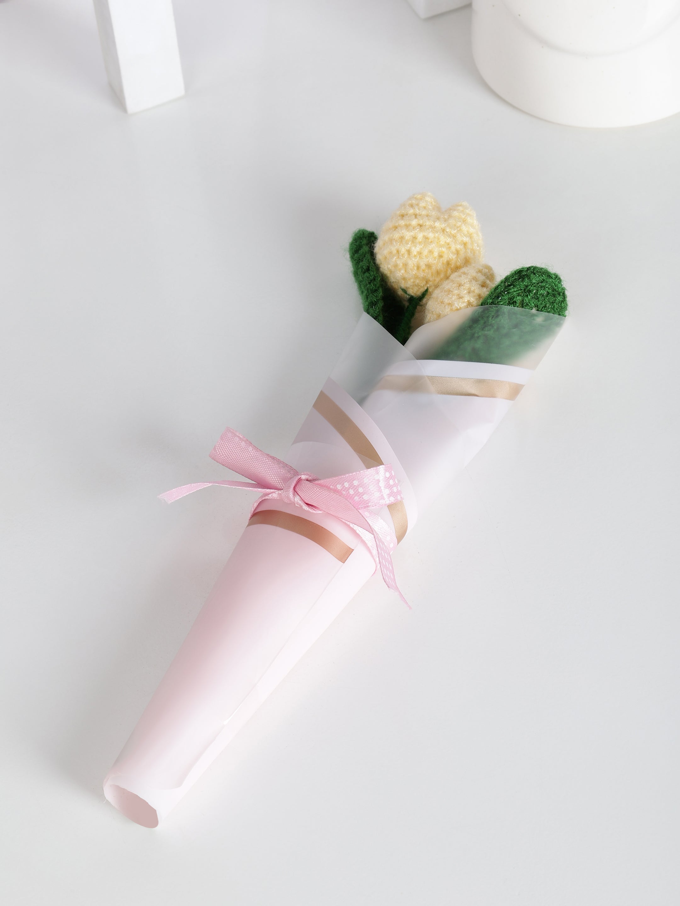 Crochet Handmade Yellow Tulip Bouquet- 2 steam