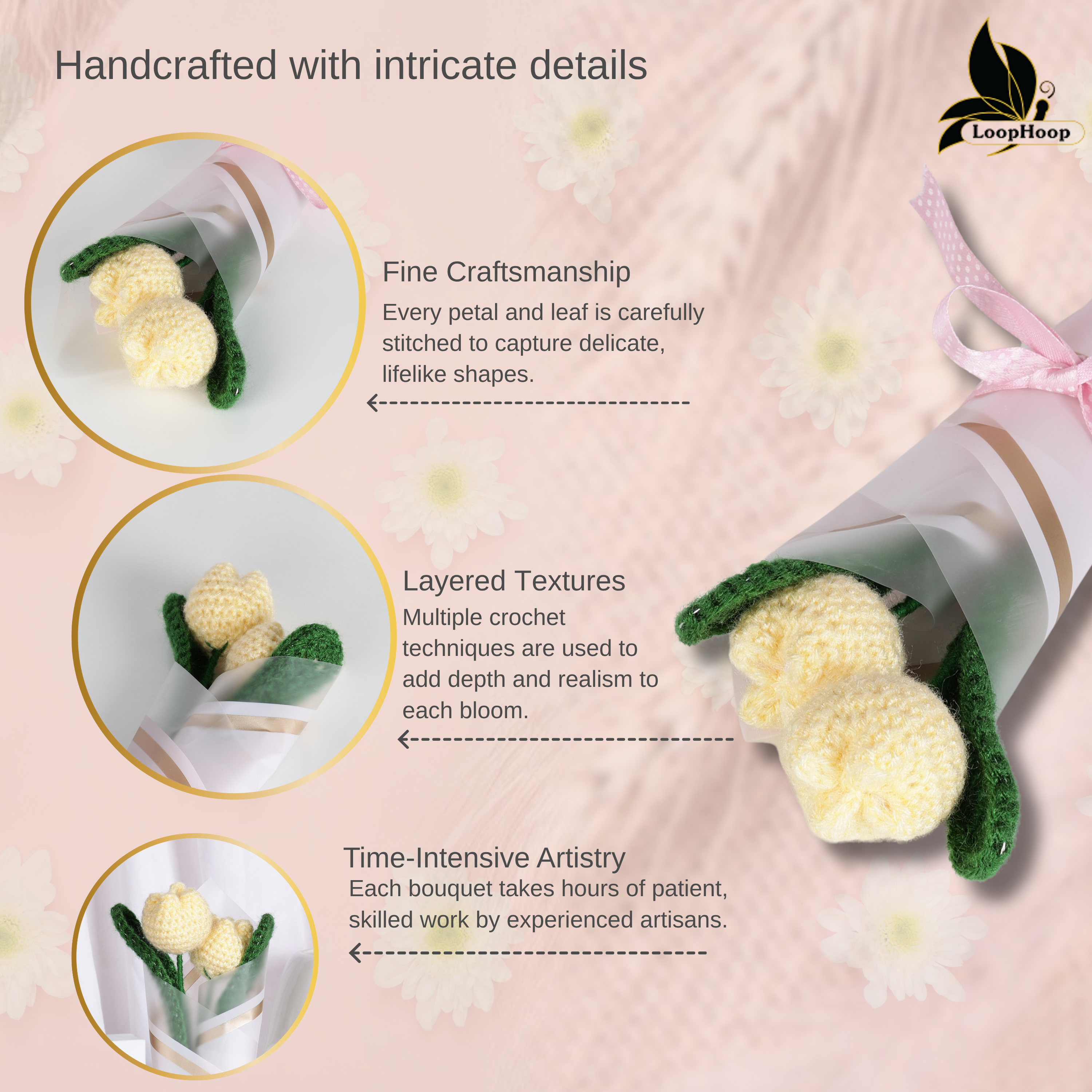 Crochet Handmade Yellow Tulip Bouquet- 2 steam