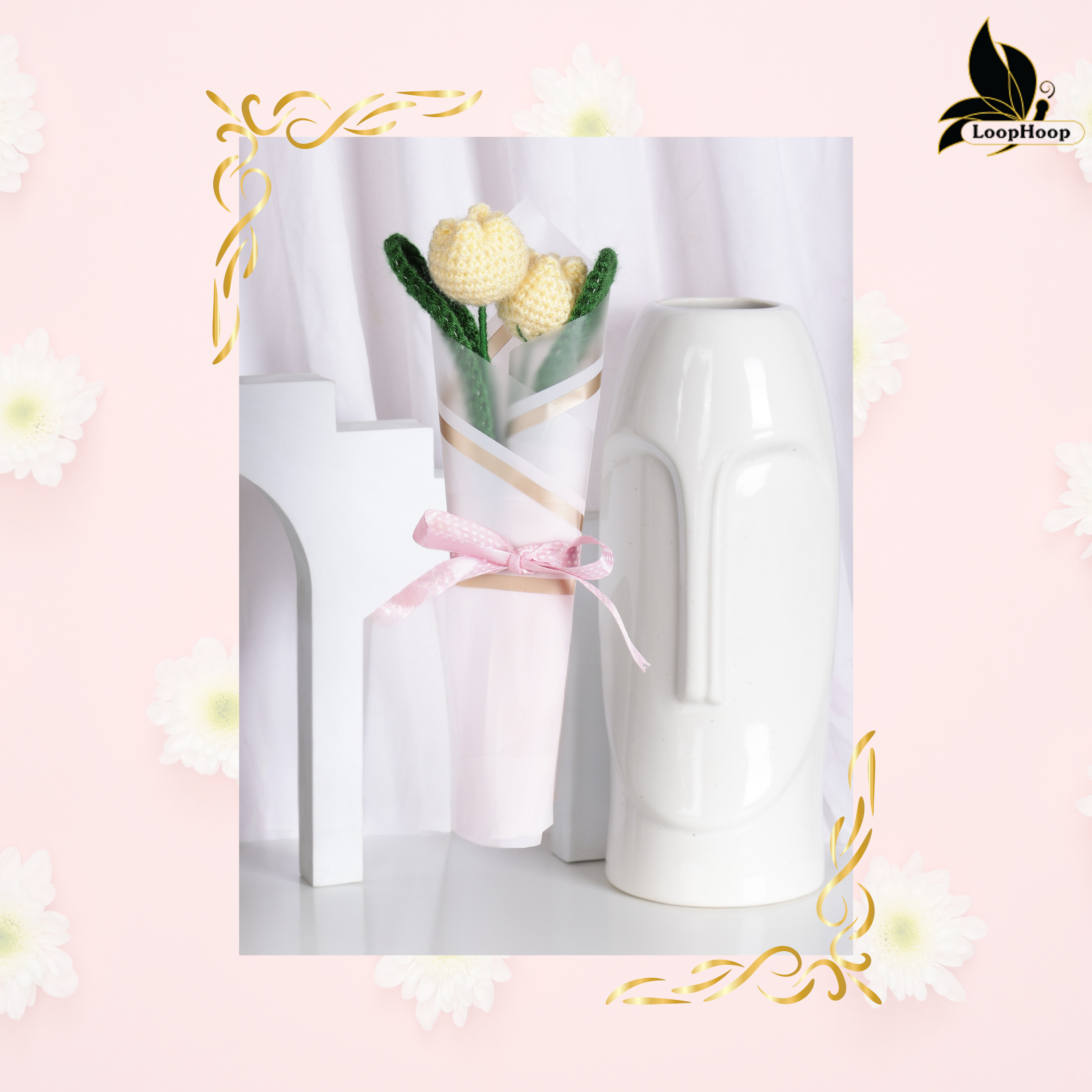 Crochet Handmade Yellow Tulip Bouquet- 2 steam