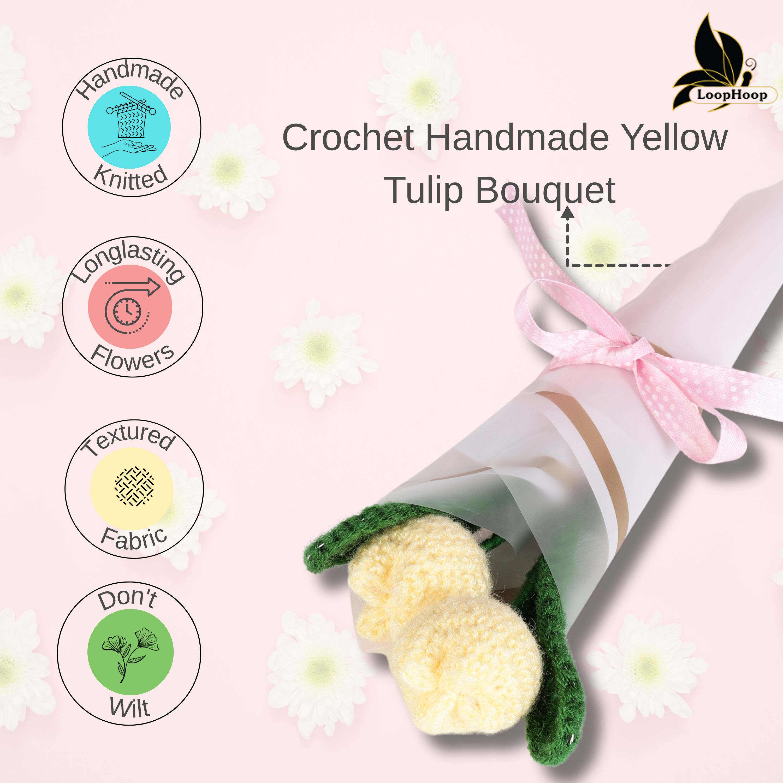 Crochet Handmade Yellow Tulip Bouquet- 2 steam