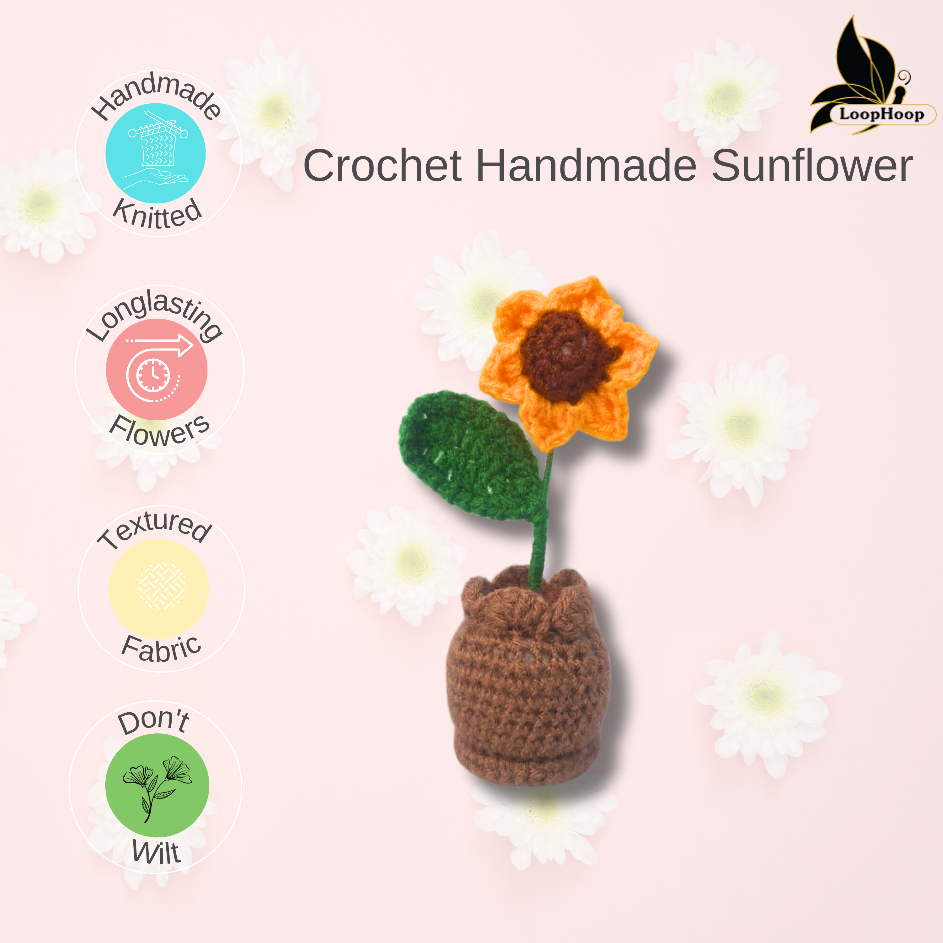 Crochet Handmade Yellow Sunflower Pot (1 steam)