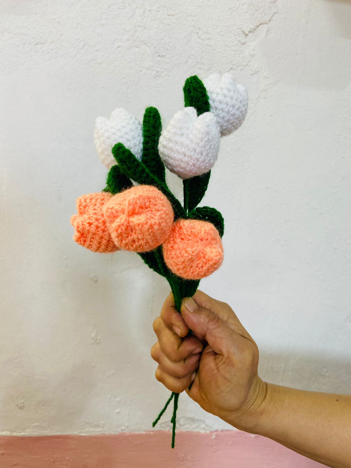 Handmade flower bunch- set of 3 white tulip and 3 peach tulip
