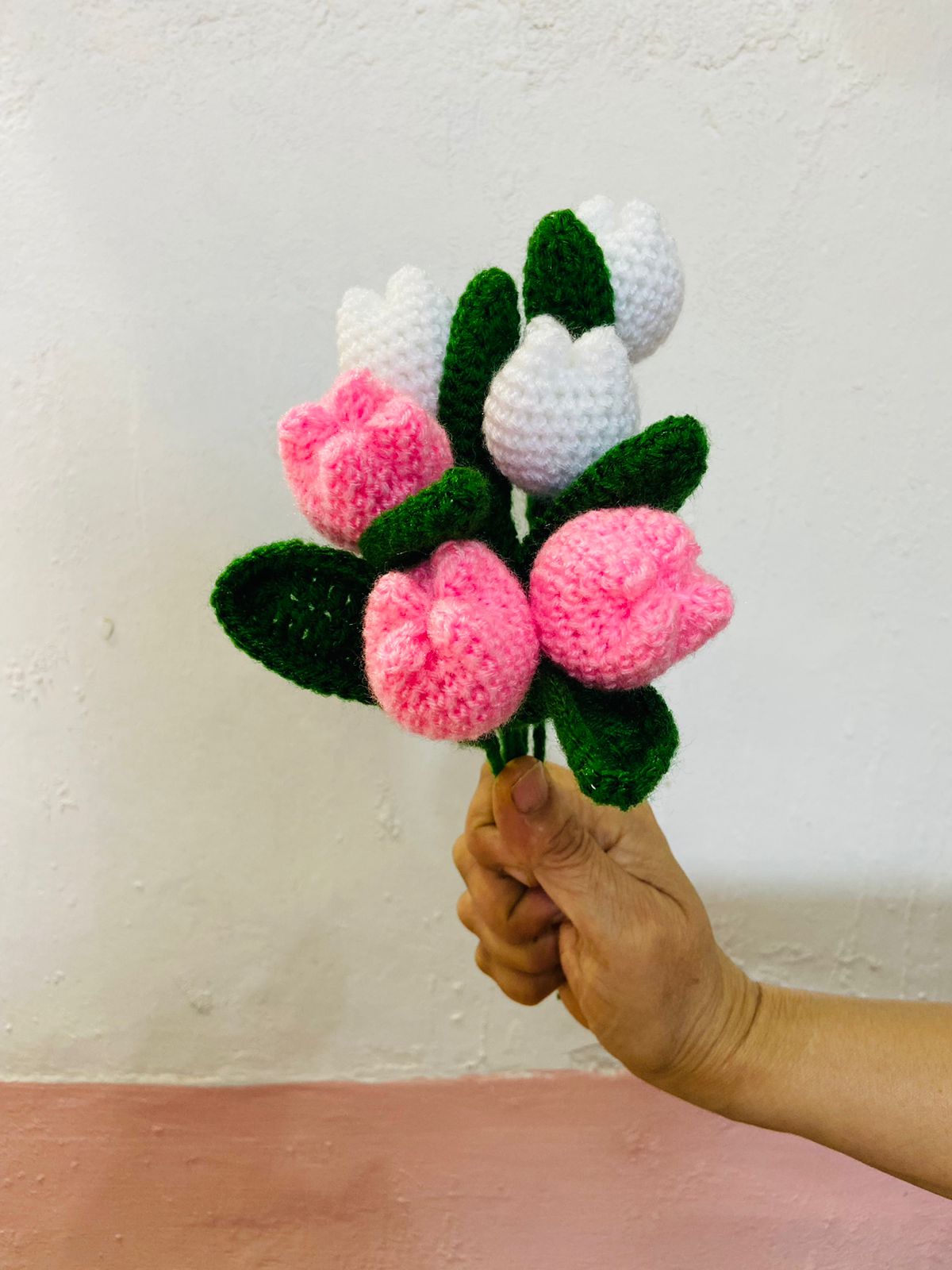 Handmade flower bunch- set of 3 white tulip and 3 pink tulip