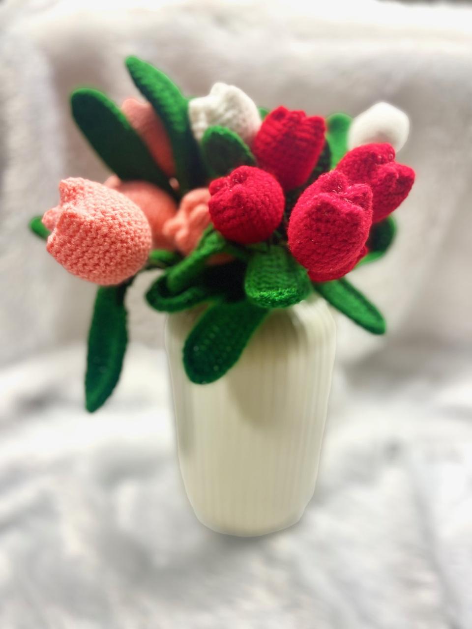 Handmade flower bunch(without the vase)- set of 6 red tulip, 6 white tulip and 6 peach tulip