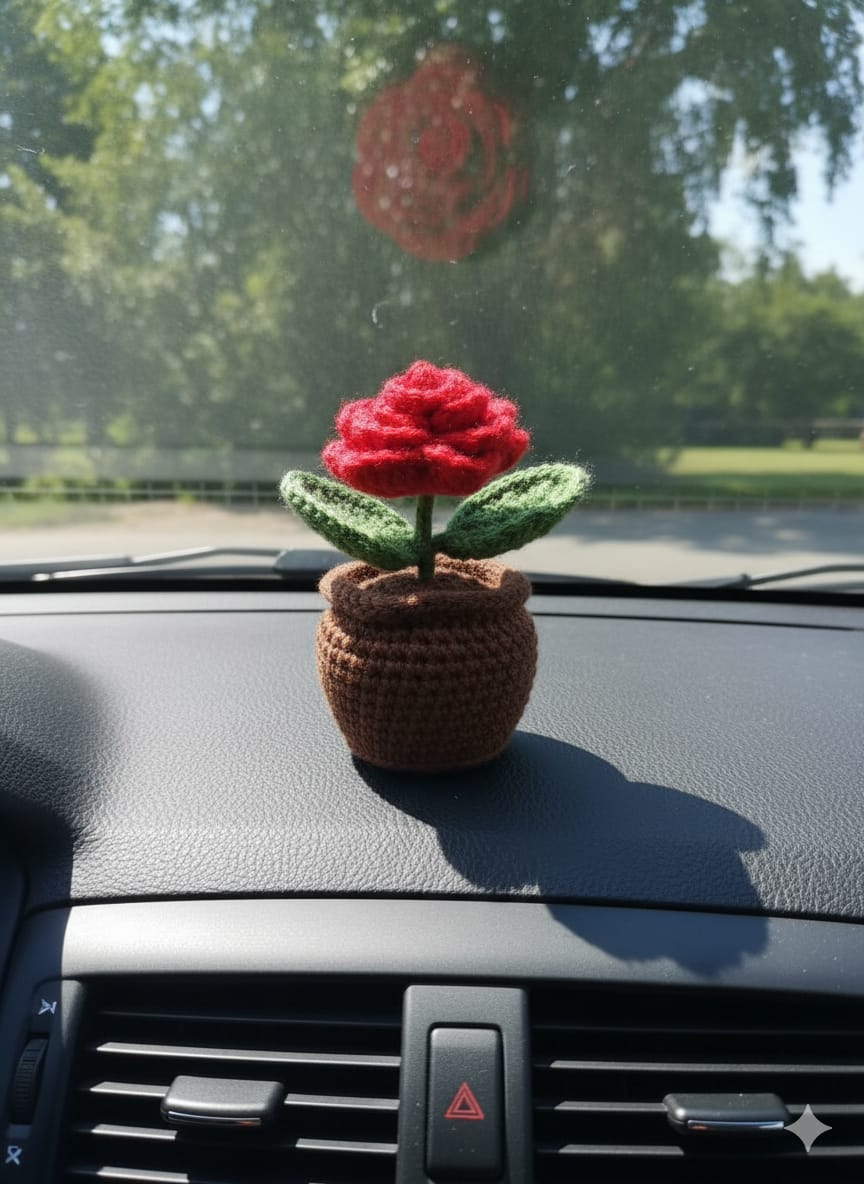 Crochet Handmade Red Rose Pot (1 steam)