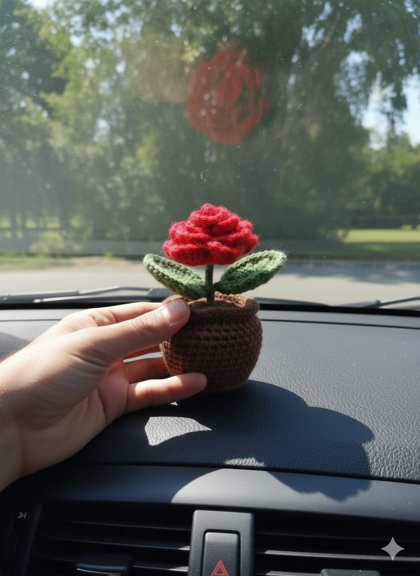 Crochet Handmade Red Rose Pot (1 steam)