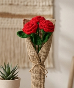 Crochet Handmade Red Rose Bouquet- 3 steam