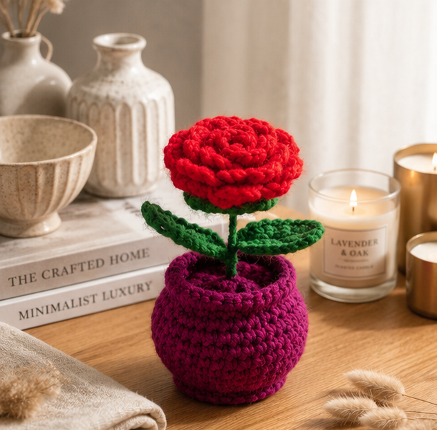 Crochet Handmade Red Rose Pot (1 steam)