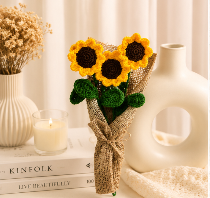 Crochet Handmade Yellow Sunflower Bouquet- 3 steam