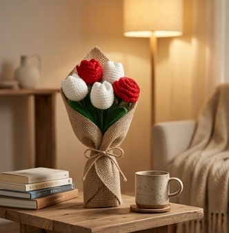 Handmade flower bouquet- Set of 3 red rose flower and 3 white tulip flower