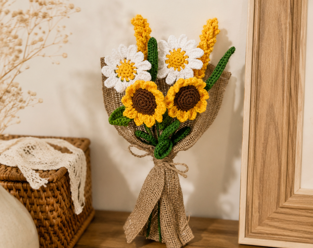 Handmade flower bouquet-Set of 2 Daisy flower, 2 sunflower and 2 yellow lavender