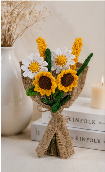 Handmade flower bouquet-Set of 2 Daisy flower, 2 sunflower and 2 yellow lavender