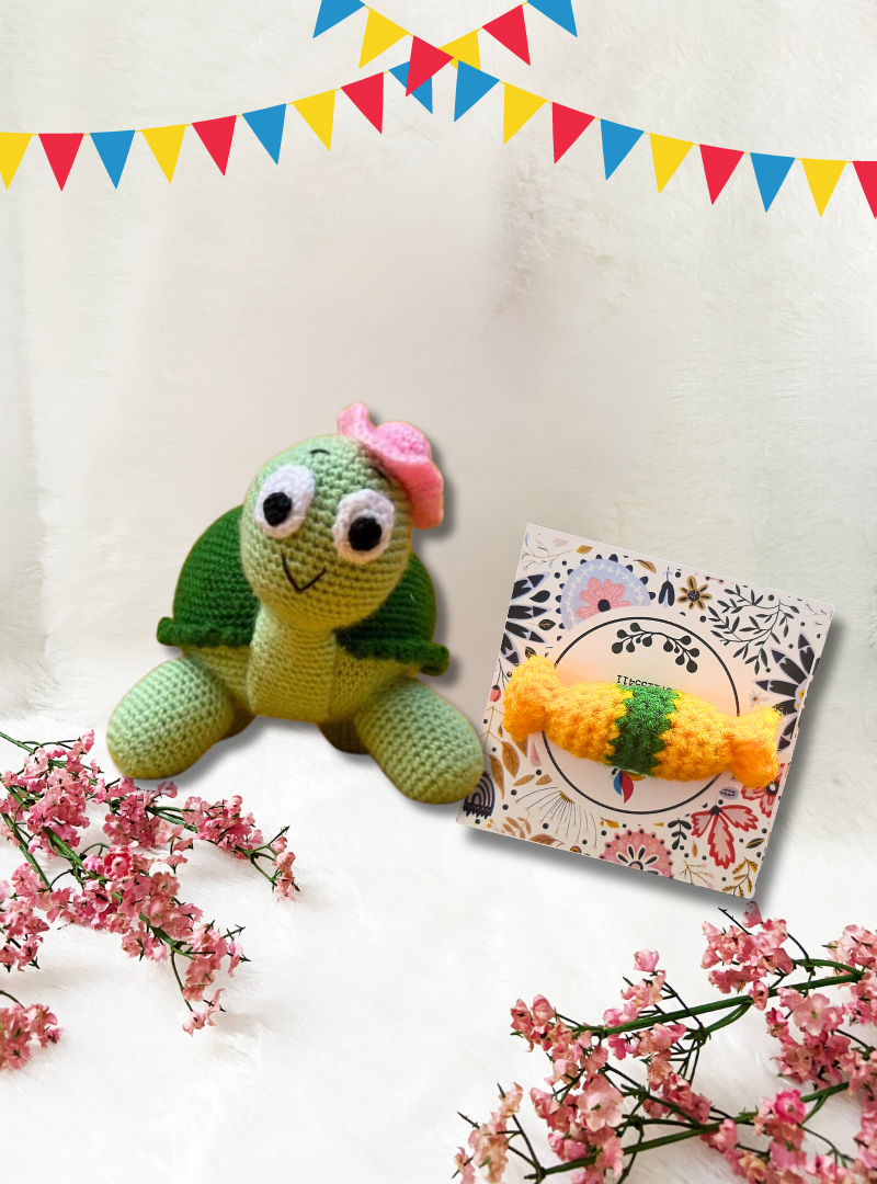 Handmade Crochet Toffee Rakhi with Tortoise Toy