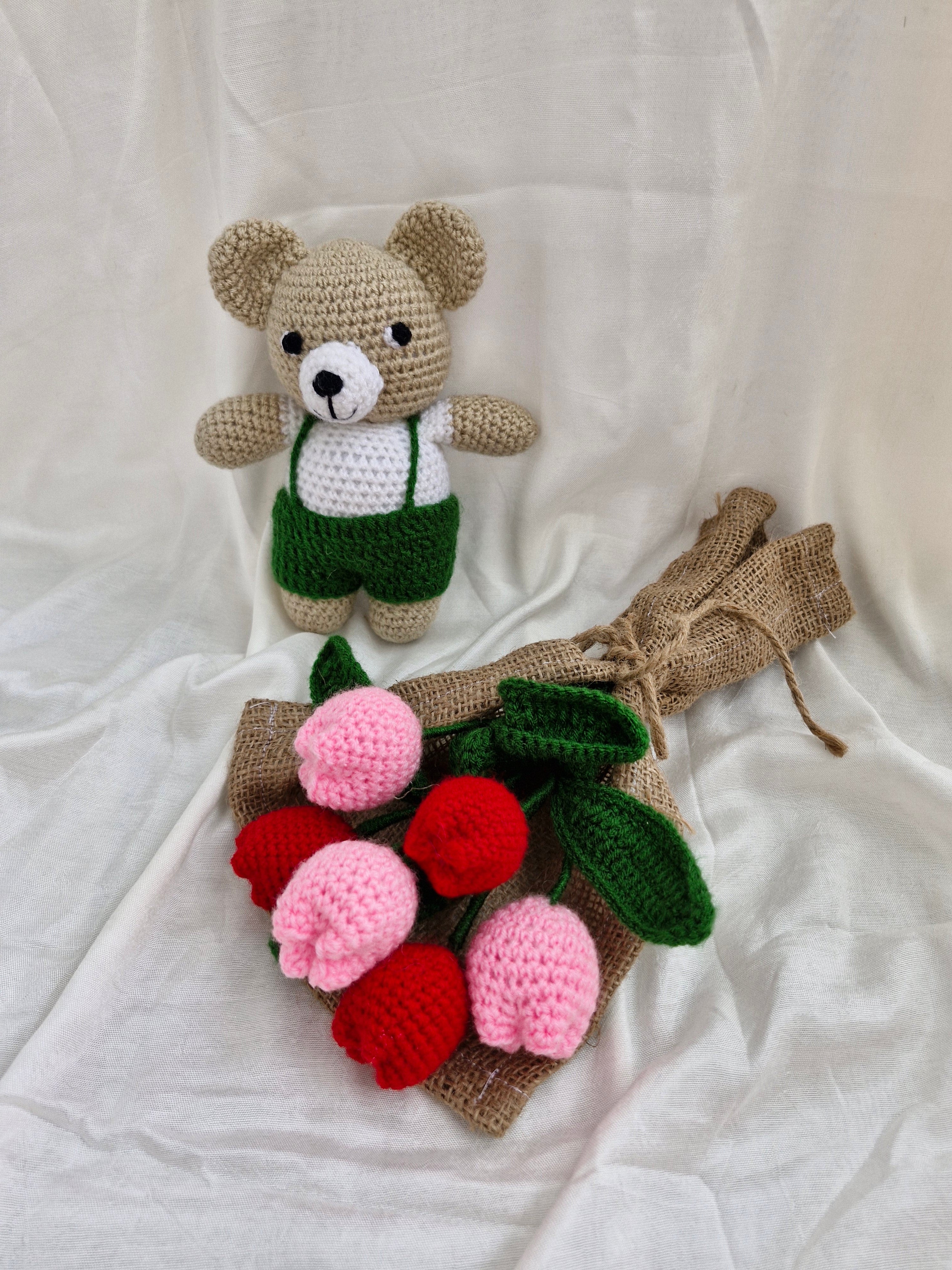 Handmade flower bouquet-Set of 3 red tulip+3 pink tulip and 1 teddy toy