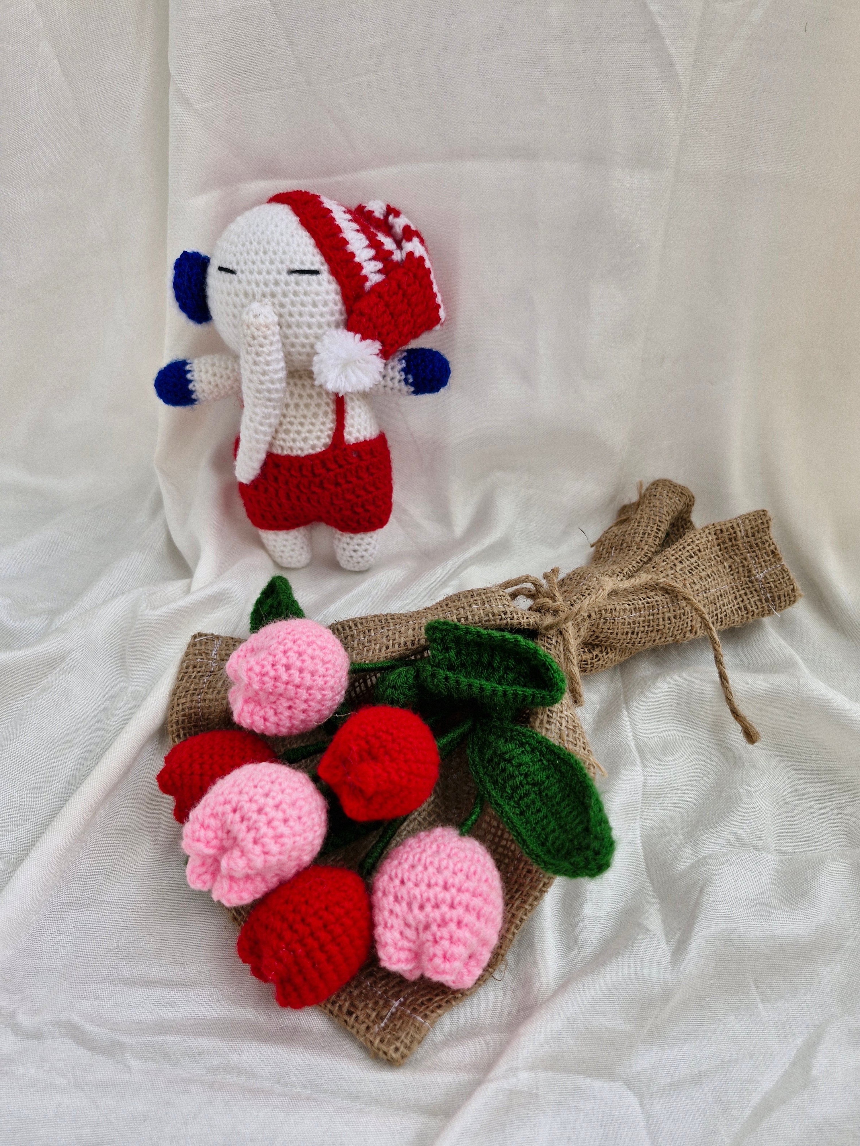 Handmade flower bouquet- Set of 3 red tulip+3 pink tulip and 1 elephant toy