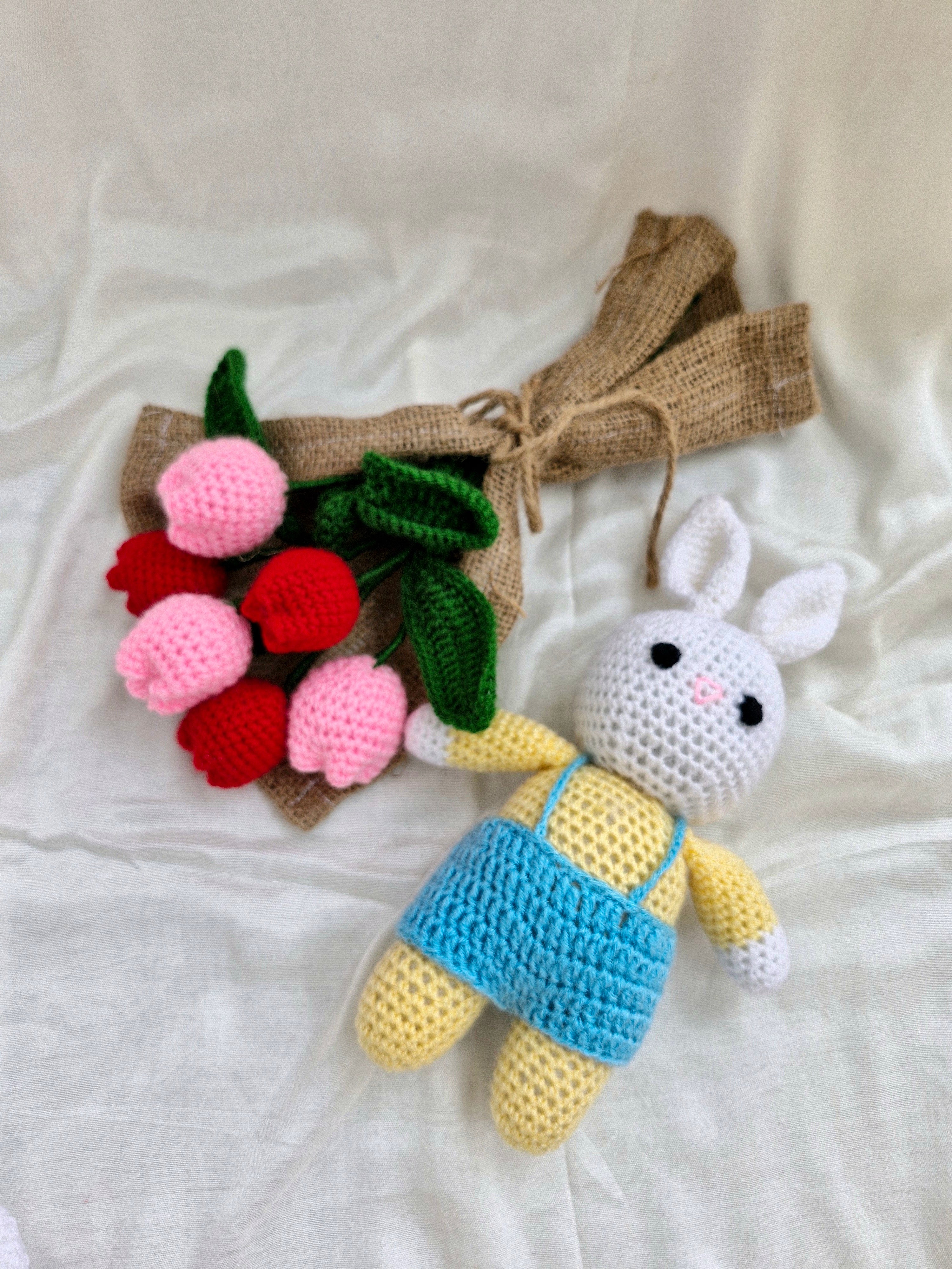 Handmade Flower Bouquet- Set of 3 red tulip+3 pink tulip and 1 bunny toy