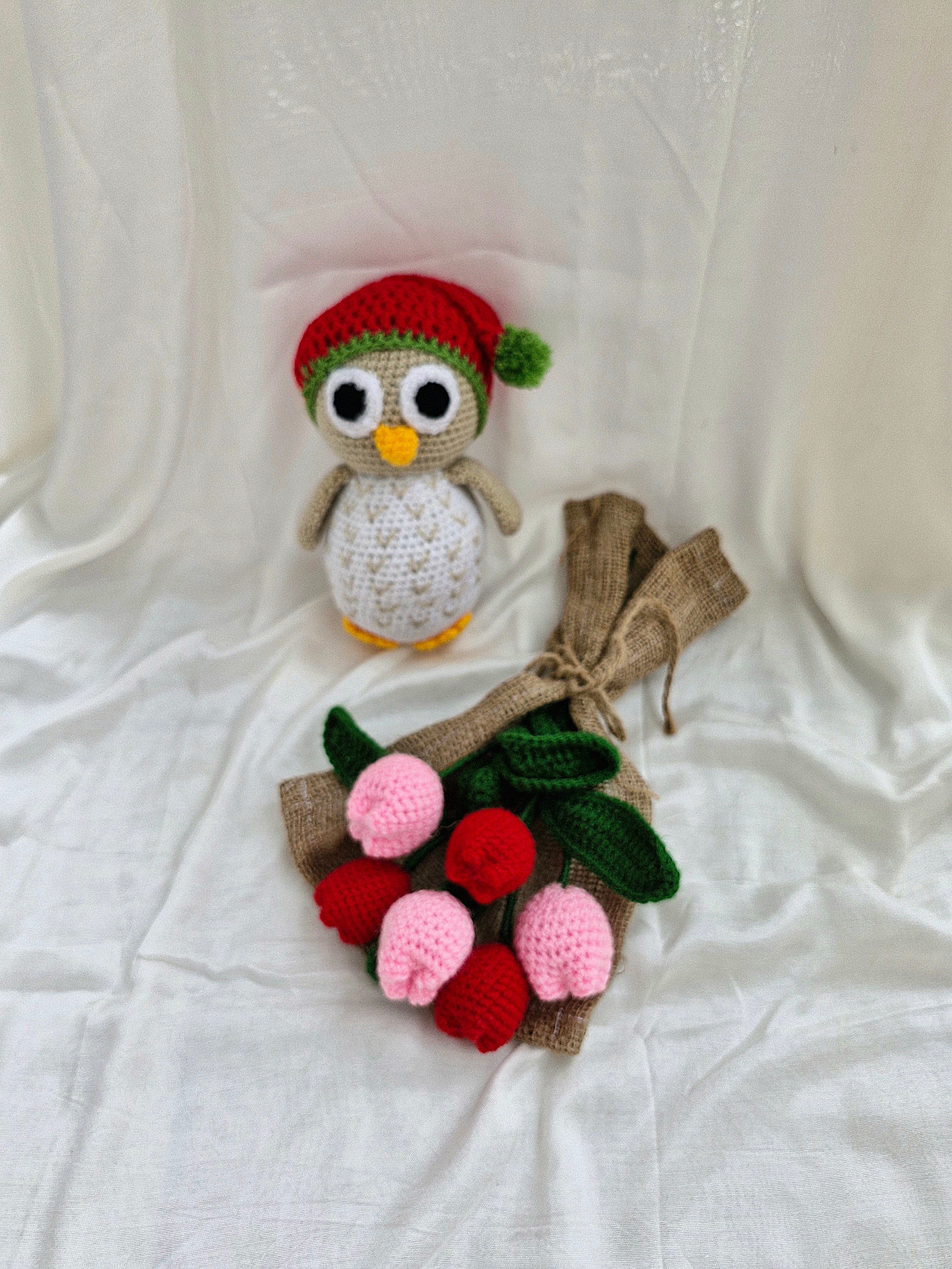 Handmade flower bouquet-Set of 3 red tulip+3 pink tulip and 1 owl toy