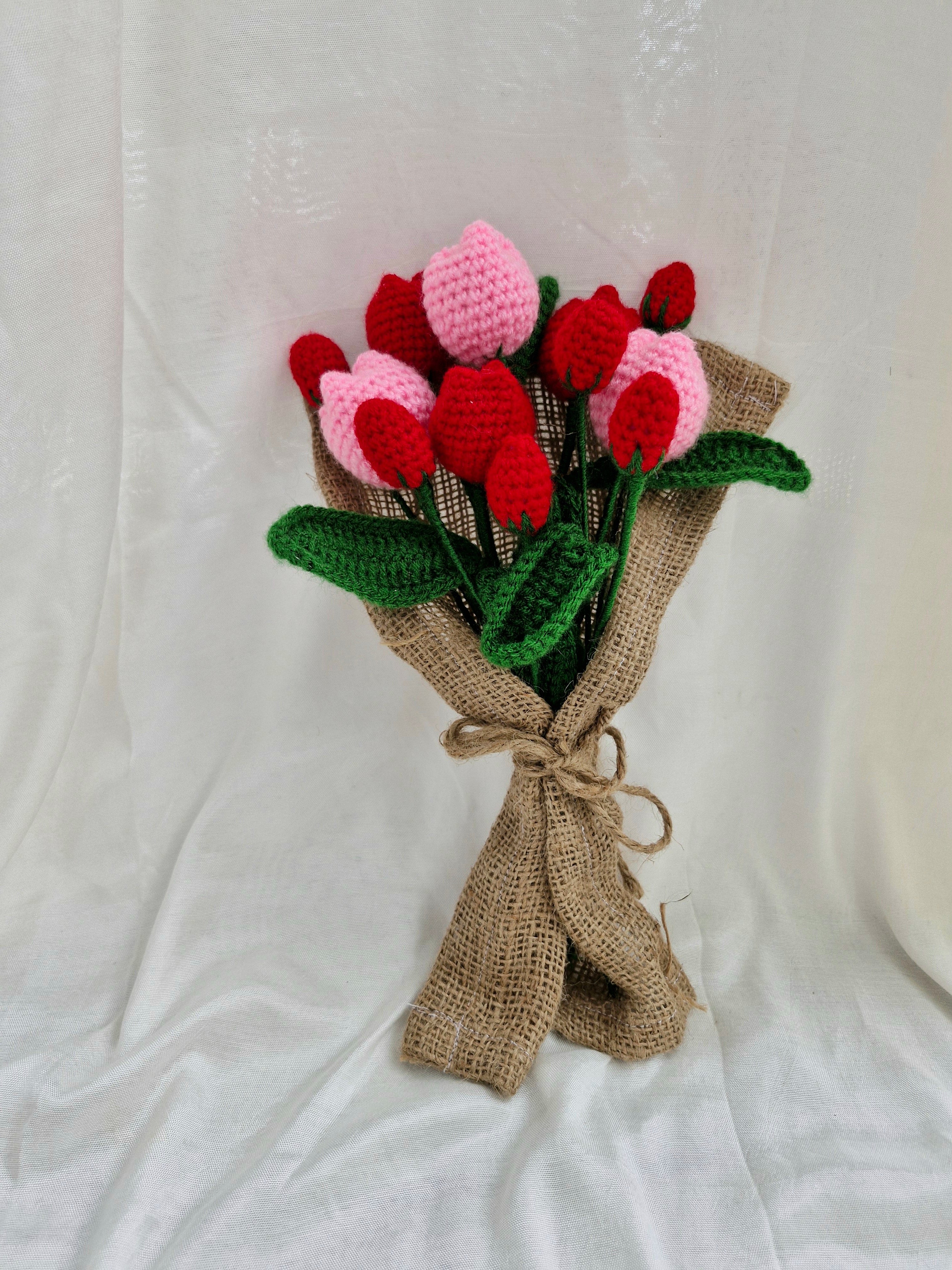 Handmade flower bouquet-Set of 3 red tulip+3 pink tulip and 6 red buds