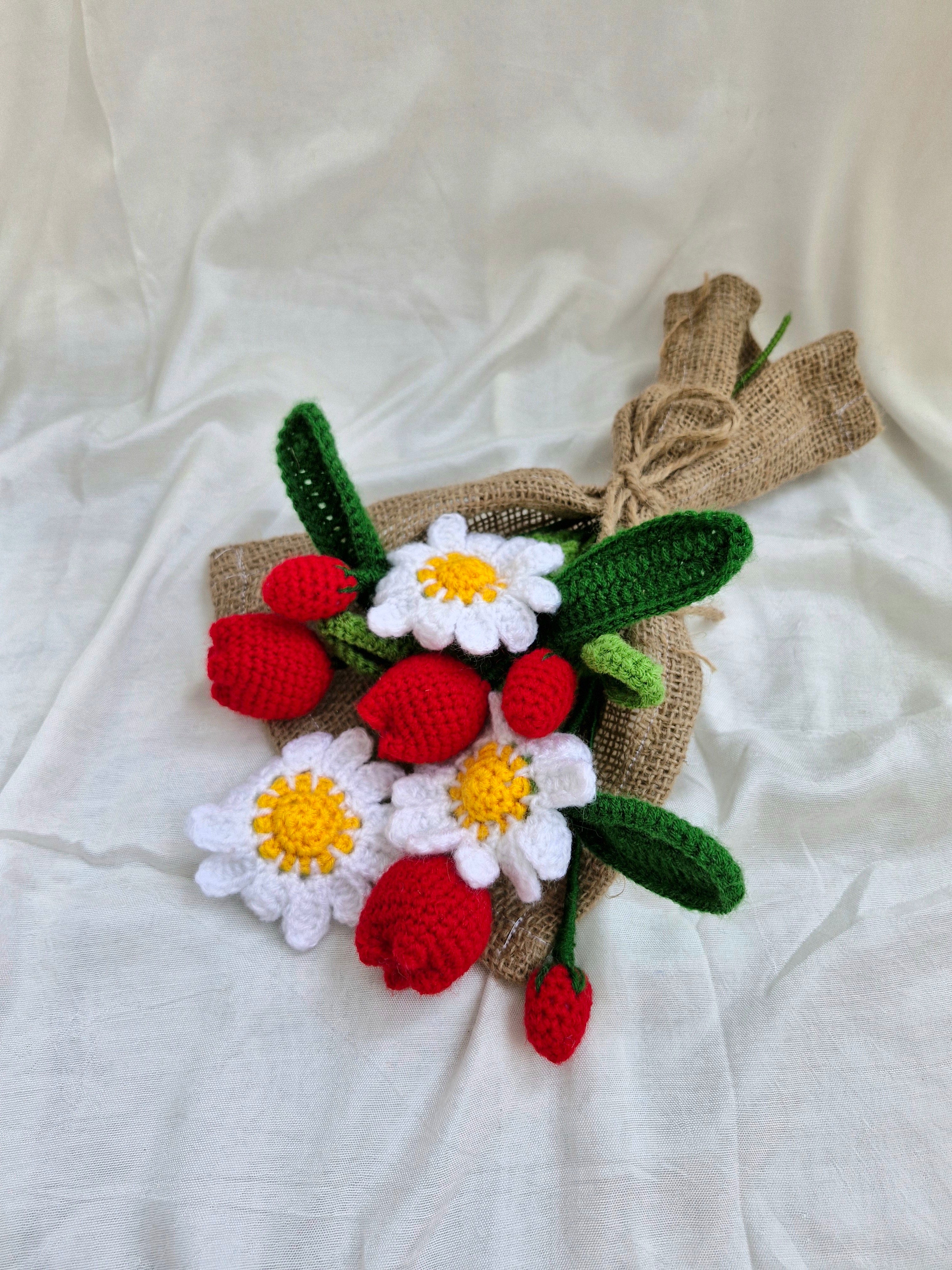 Handmade flower bouquet- Set of 3 daisy flower, 3 red tulip and 3 red buds