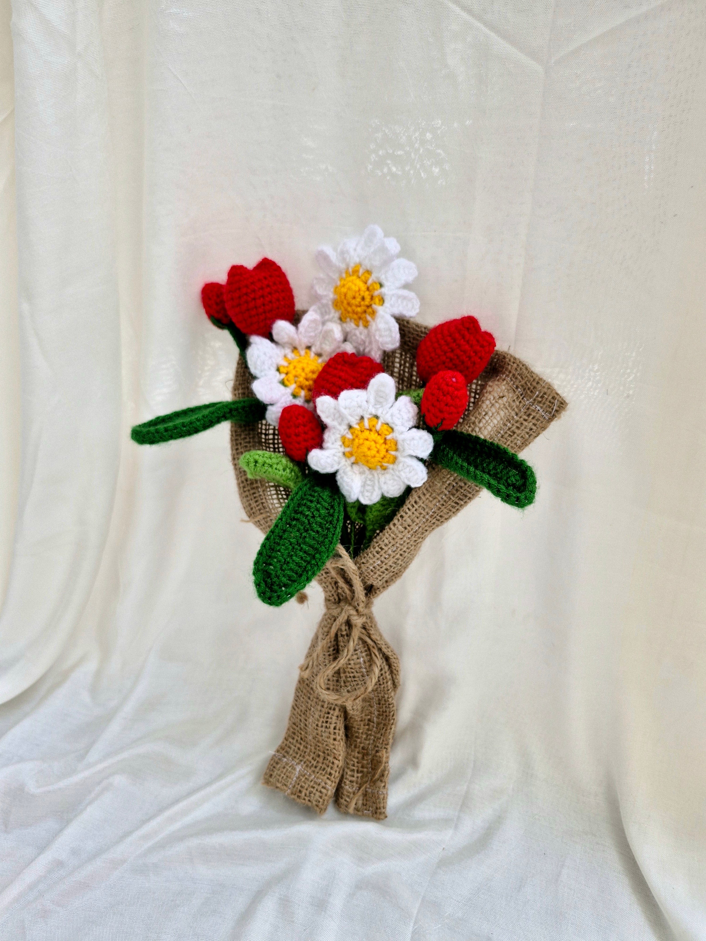 Handmade flower bouquet- Set of 3 daisy flower, 3 red tulip and 3 red buds
