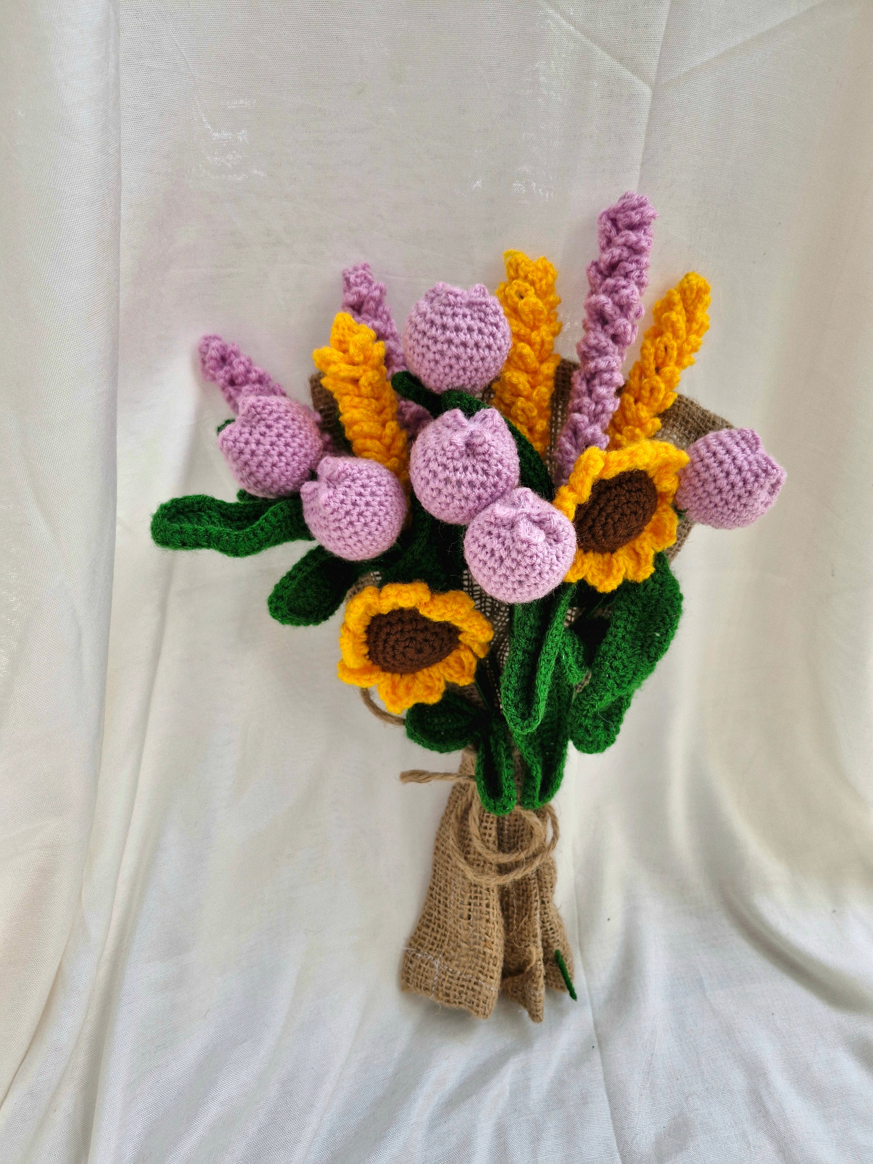 Everlasting Handmade flower bouquet - Set of 6 tulip, 2 sunflower, 3 lavender, 3 yellow lavender