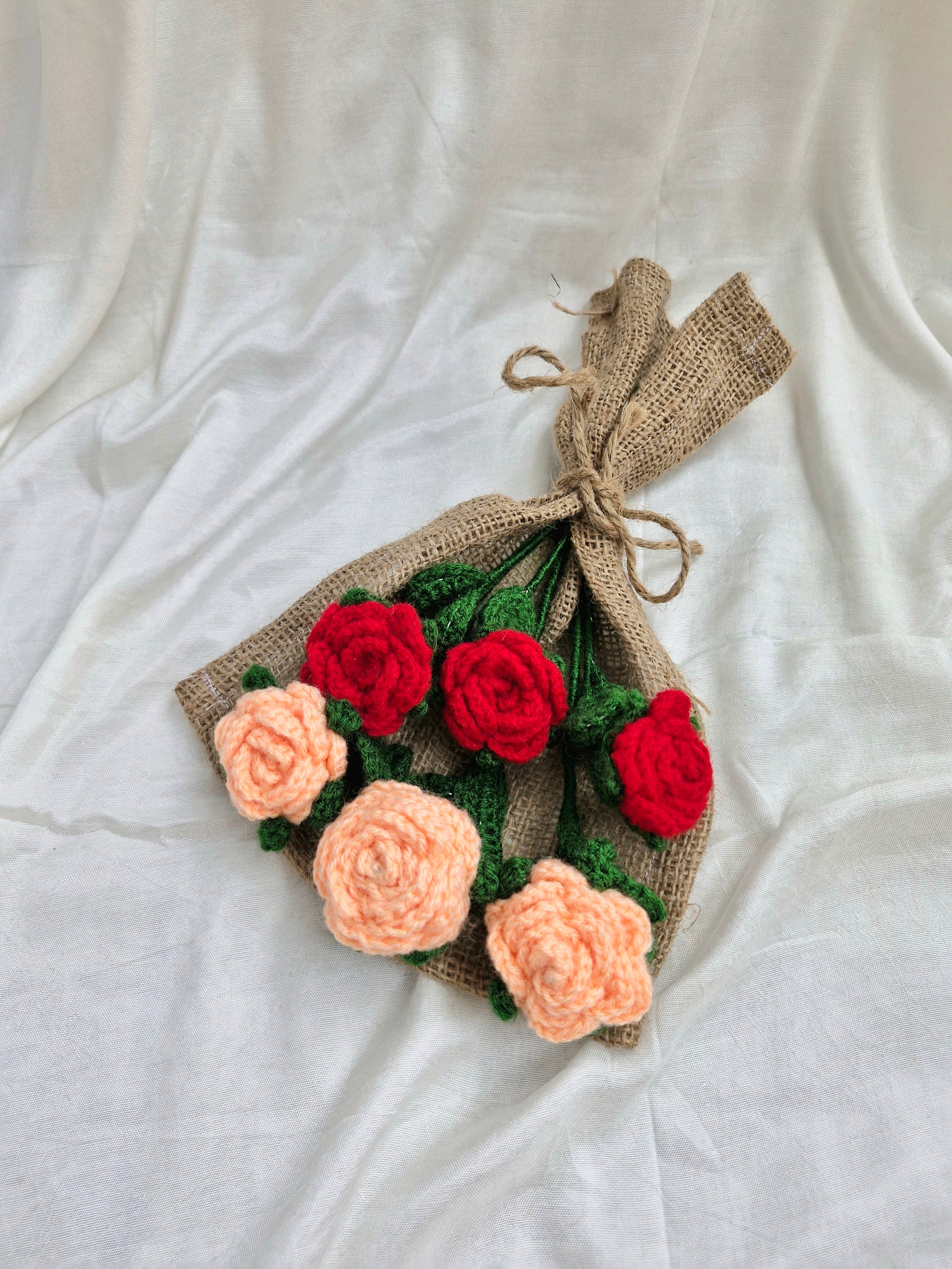 Handmade flower bouquet- set of 3 peach rose and 3 red rose