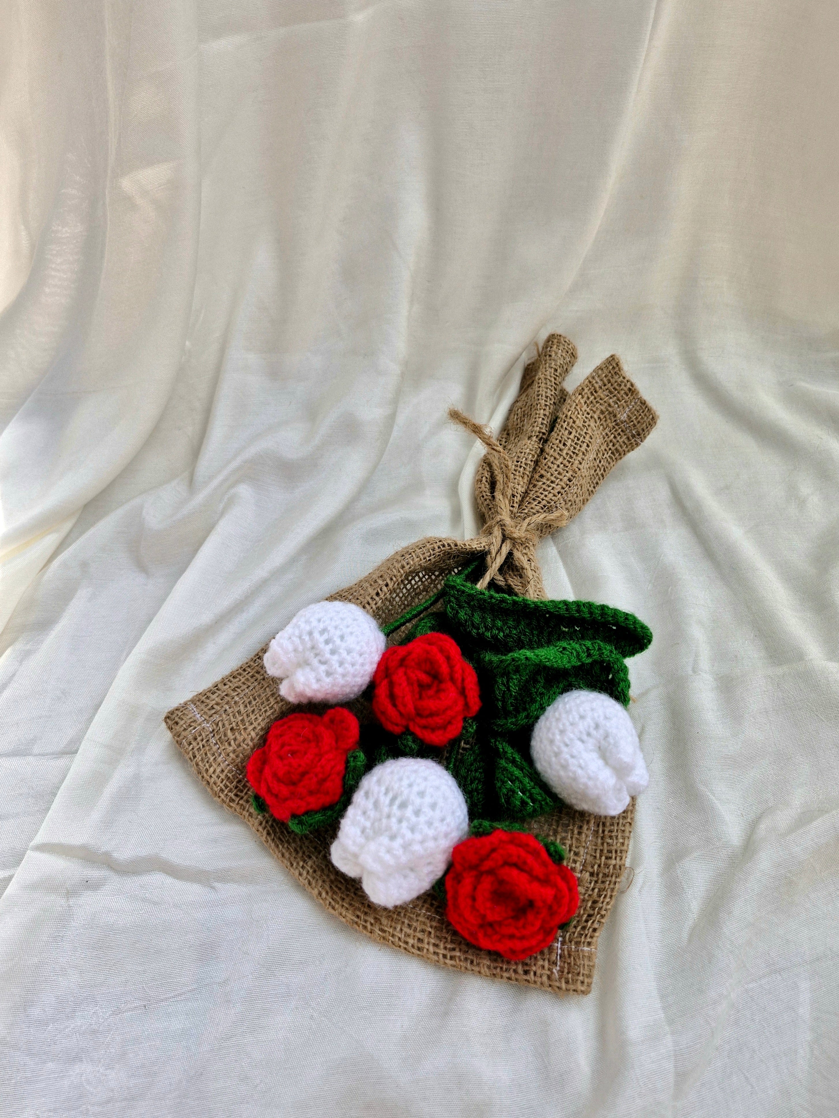 Handmade flower bouquet- Set of 3 red rose flower and 3 white tulip flower