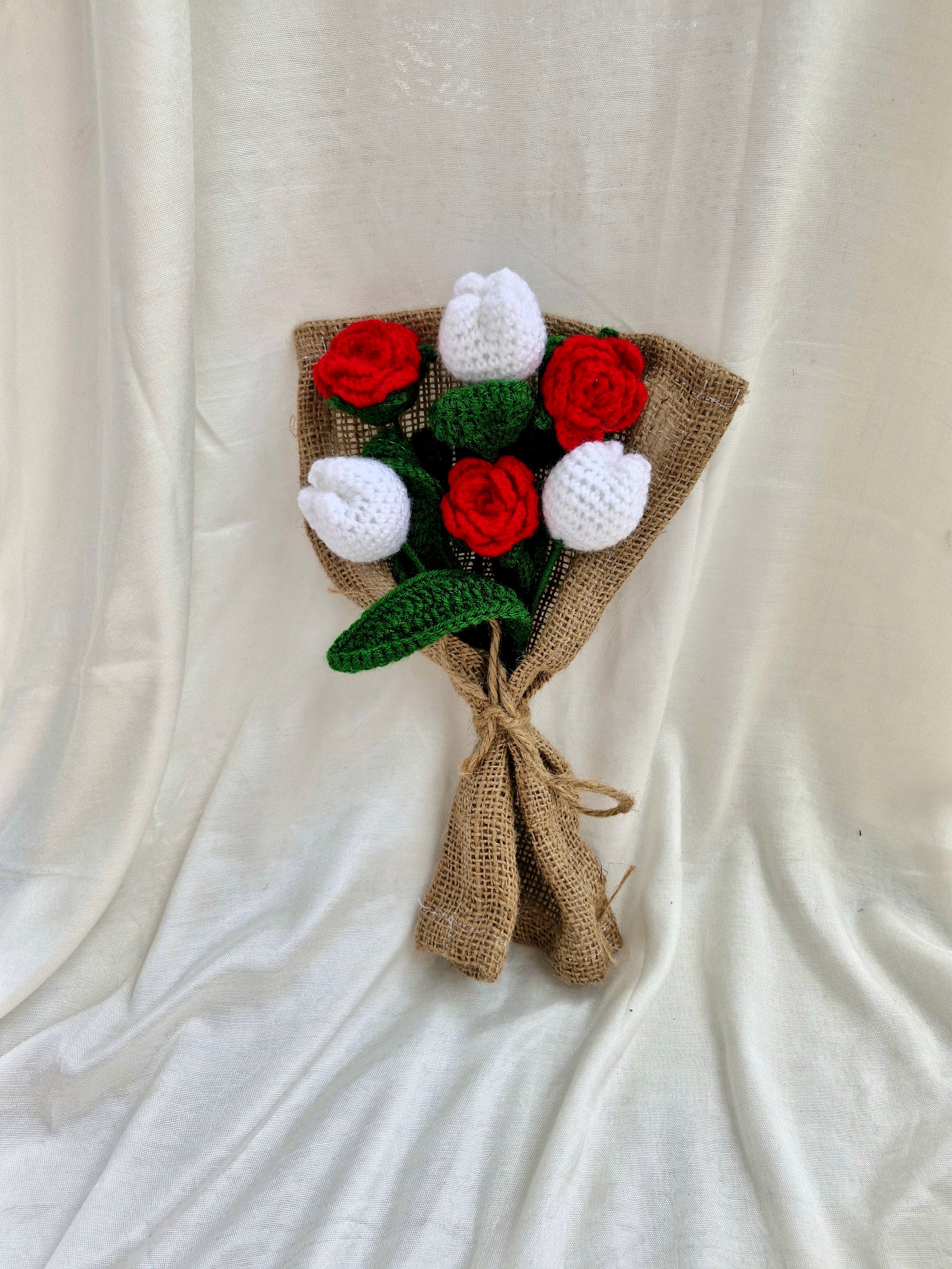 Handmade flower bouquet- Set of 3 red rose flower and 3 white tulip flower