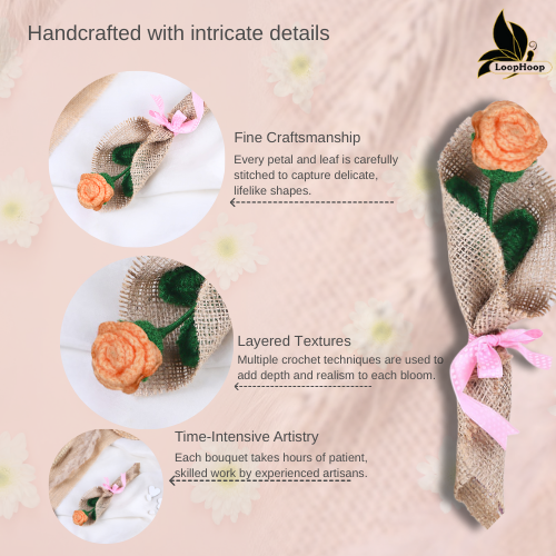 Blissful Peach Rose Crochet Flower Bouquet (1 Stem)