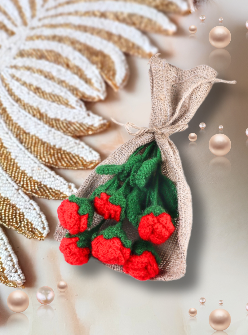 Timeless Passion Handmade Crochet Flower Red Rose Bouquet (6 steams)