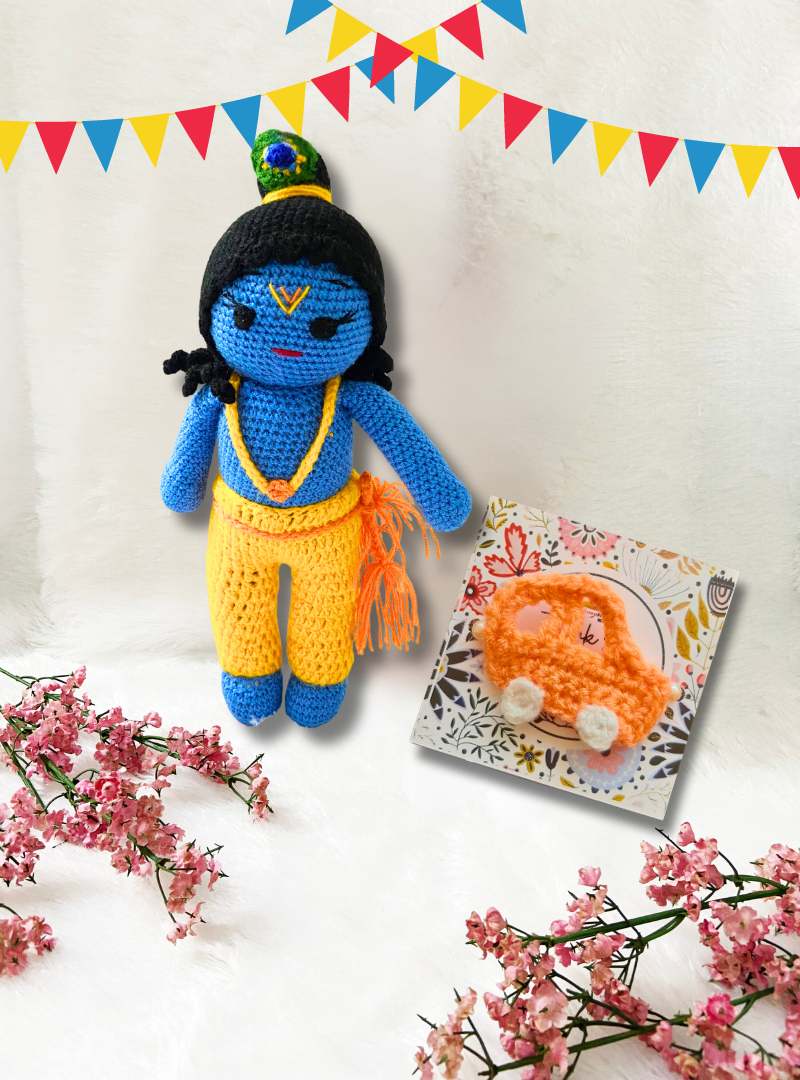 Handmade Crochet Car Rakhi and Krishna Toy