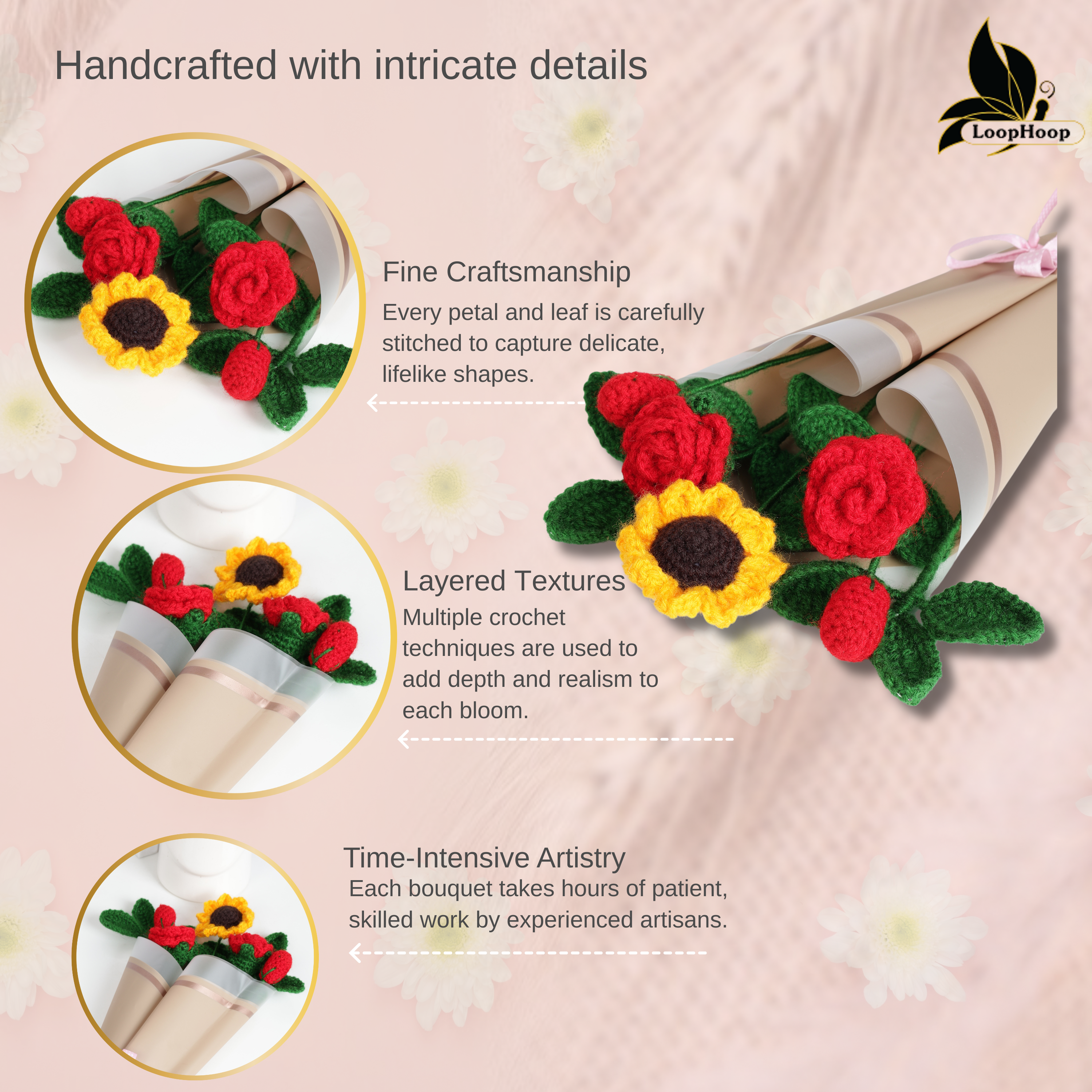 Crochet Handmade Red Rose Mix Bouquet - 7 steam