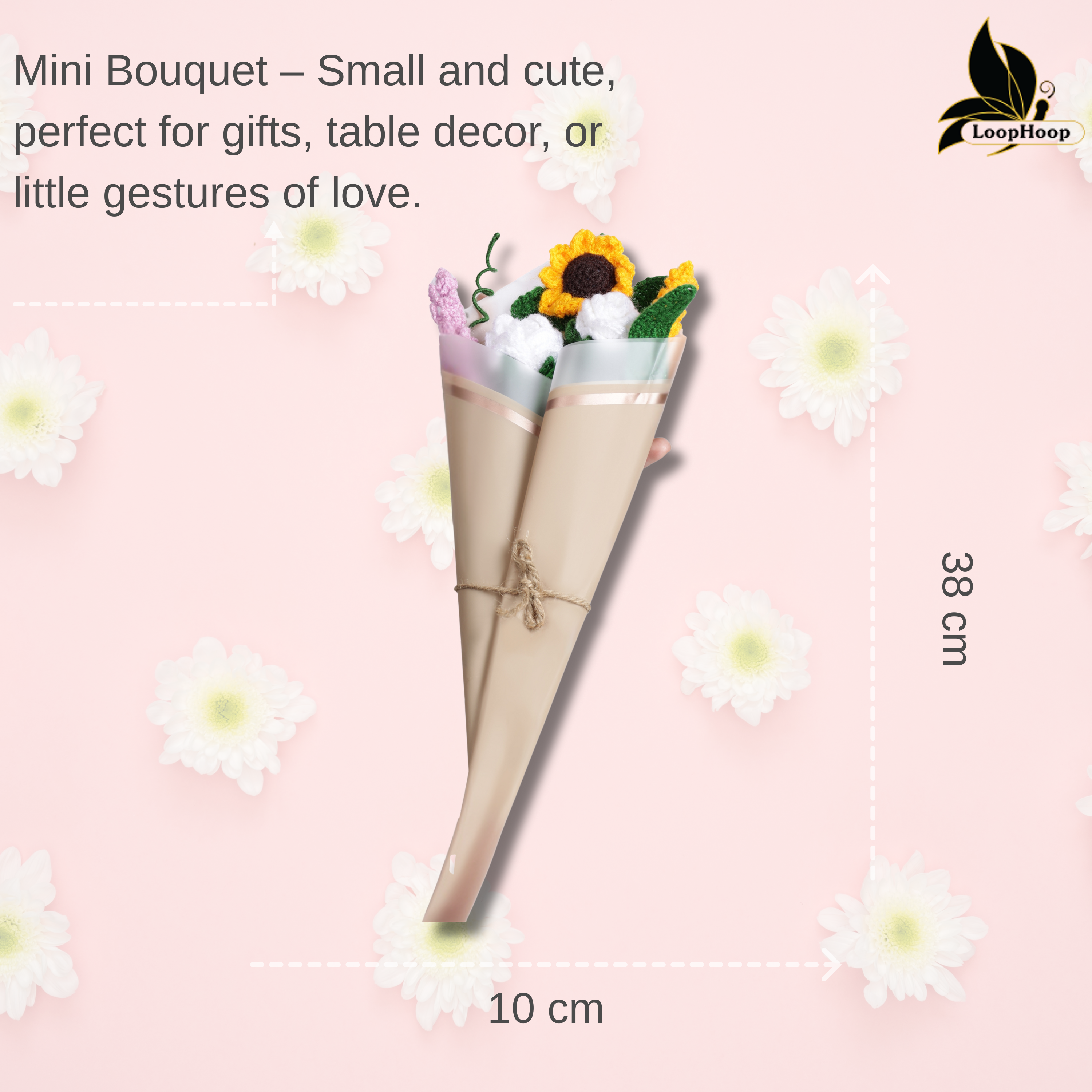 Crochet Handmade Pink Tulip And White Sunflower Bouquet- 6 steam