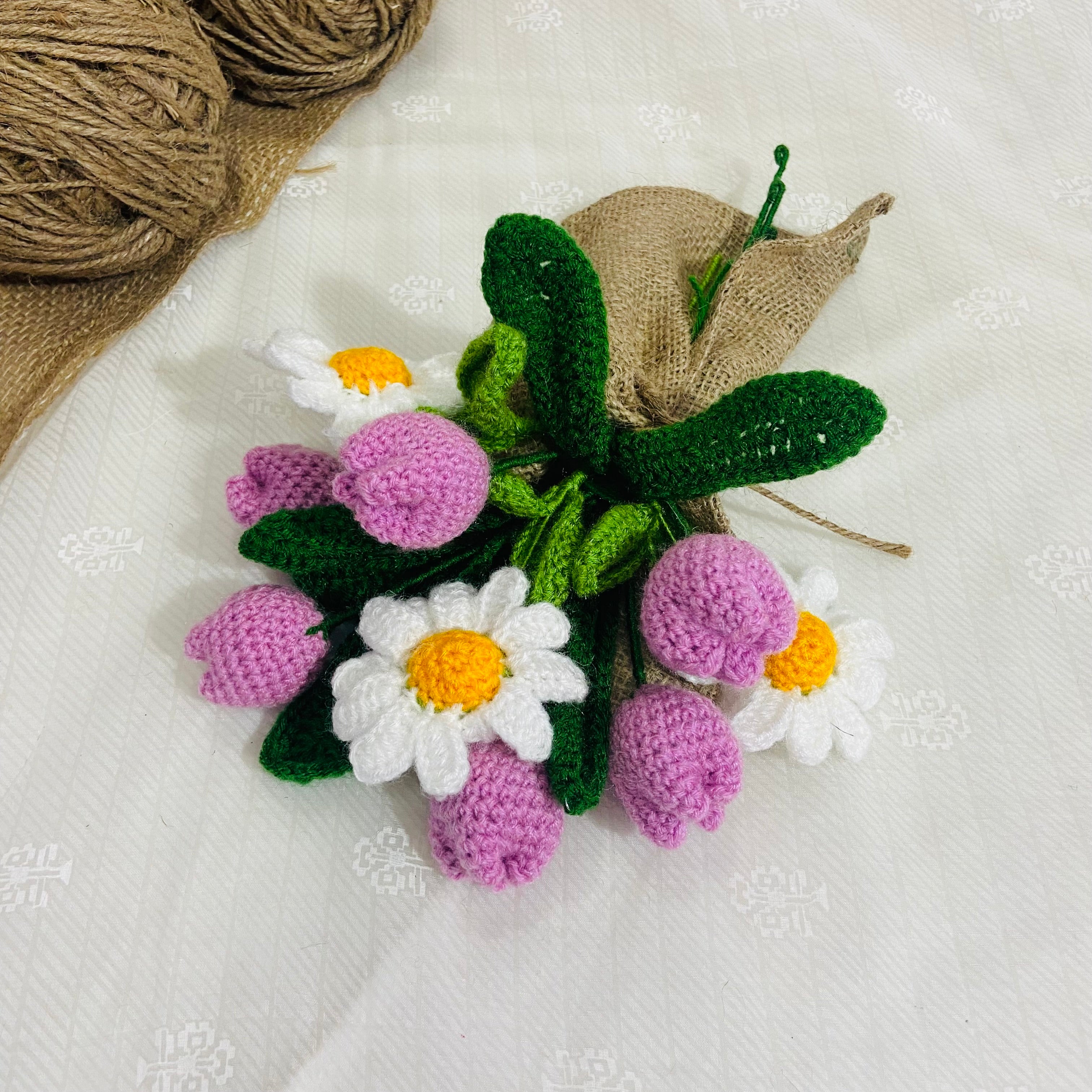 Opulent Handmade flower bouquet-set of 6 purple tulip and 3 white daisy