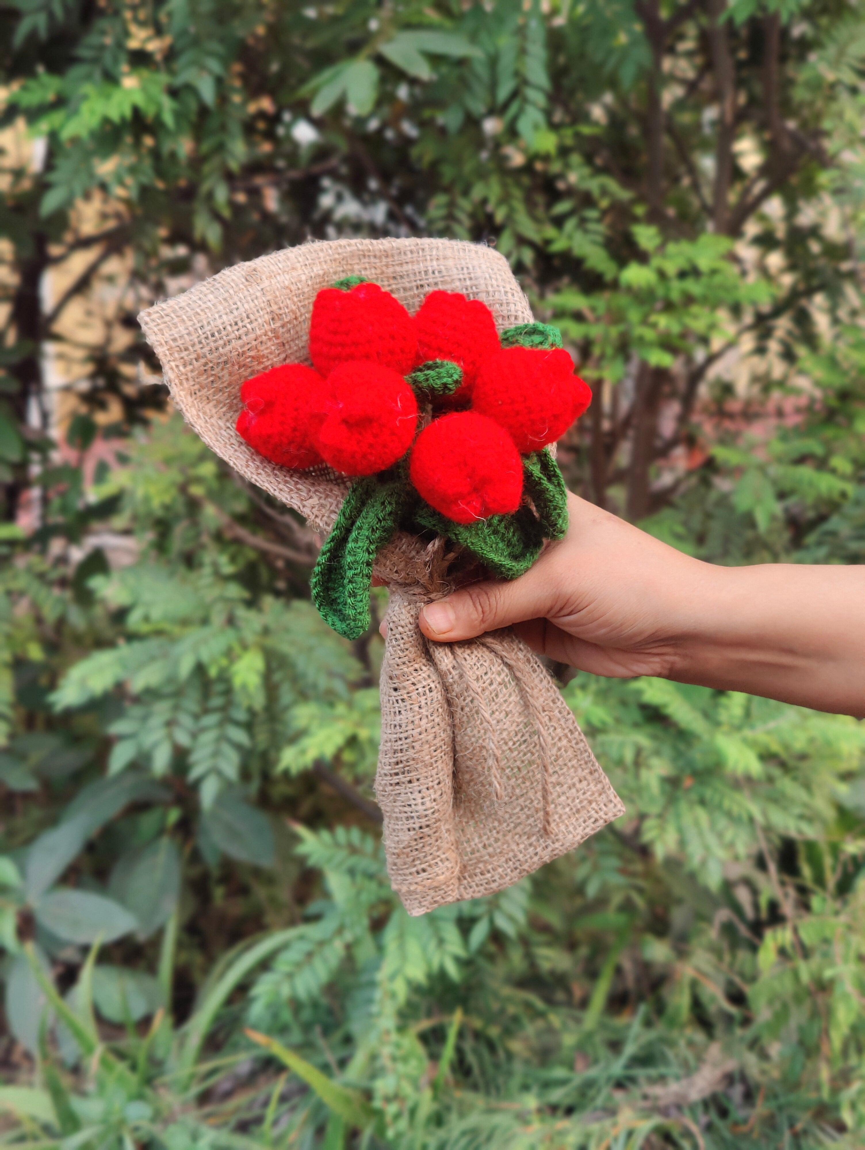 Dancing with Tulip Handmade Crochet Flower Red Tulip Bouquet (6 Stems)