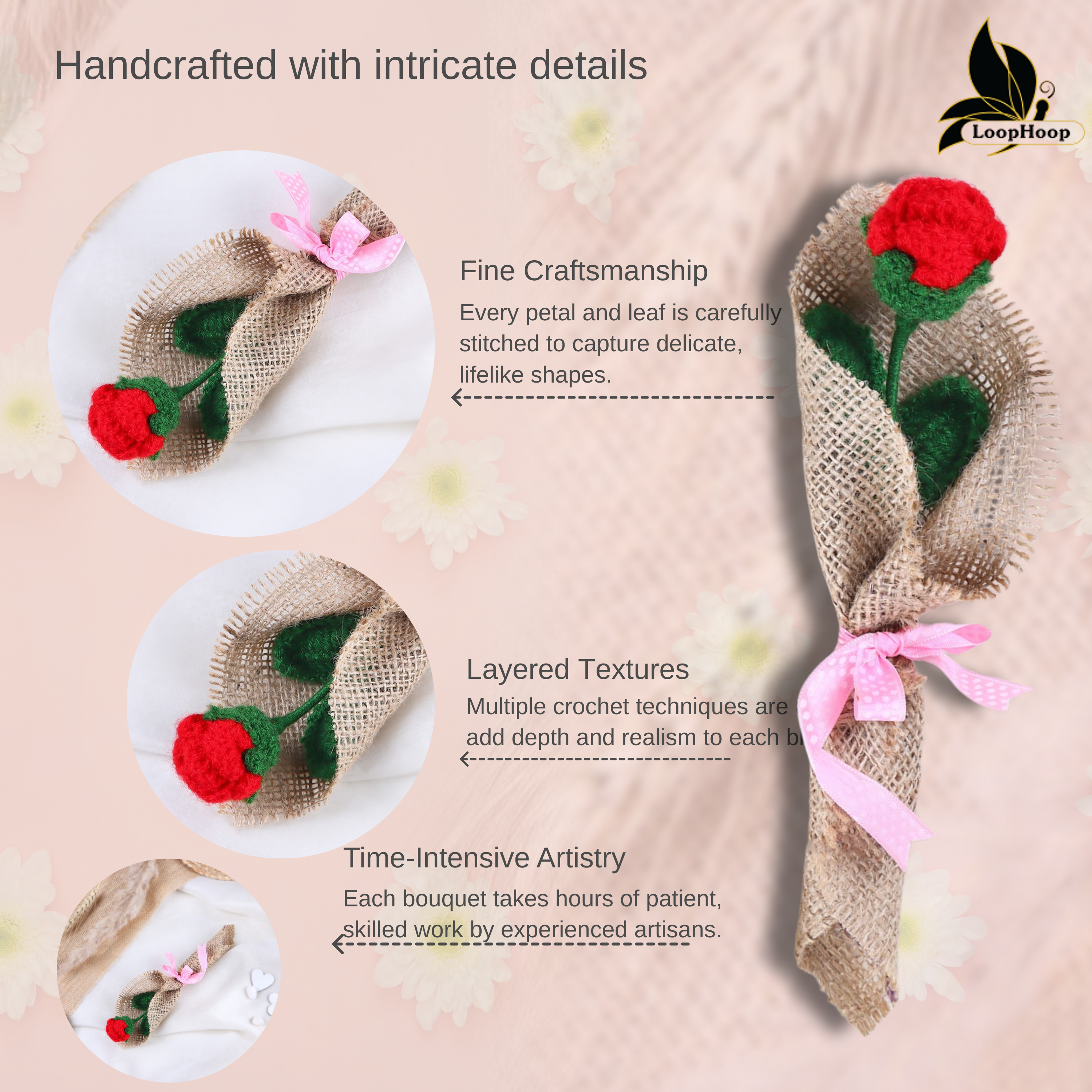 Crochet Handmade Red Rose Bouquet- 1 steam