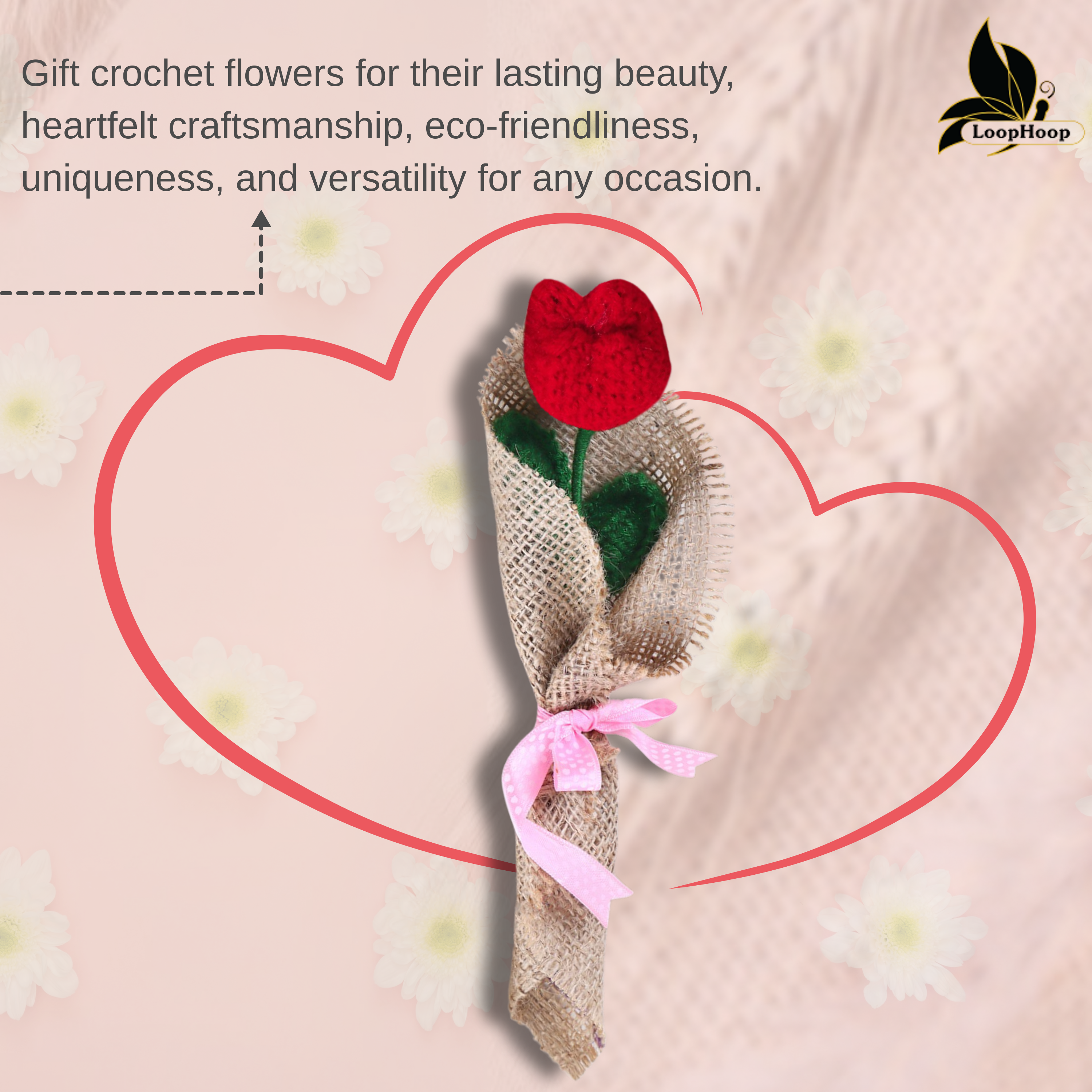 Glowing Handmade Crochet red Tulip Flower Bouquet (1 Stem)