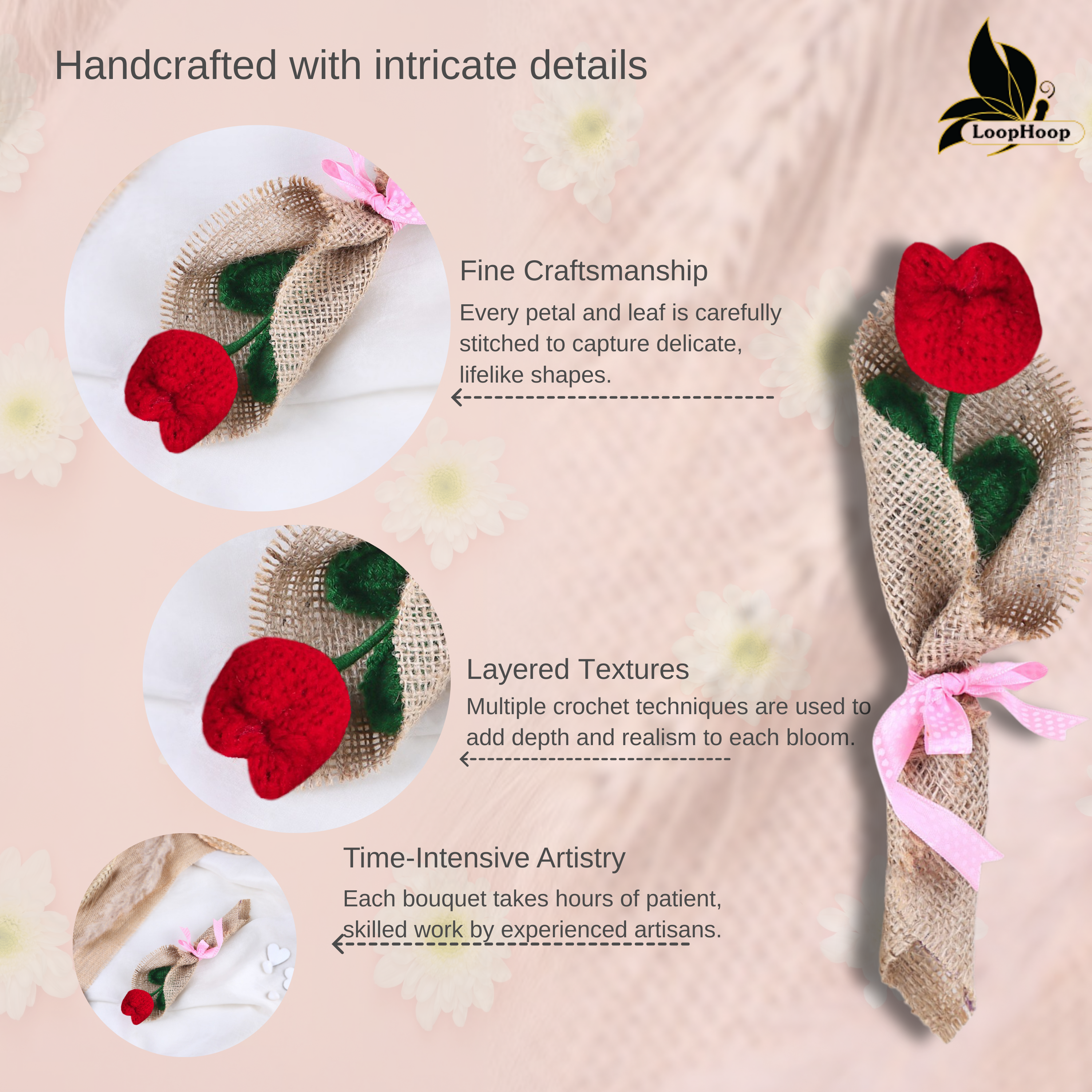 Glowing Handmade Crochet red Tulip Flower Bouquet (1 Stem)