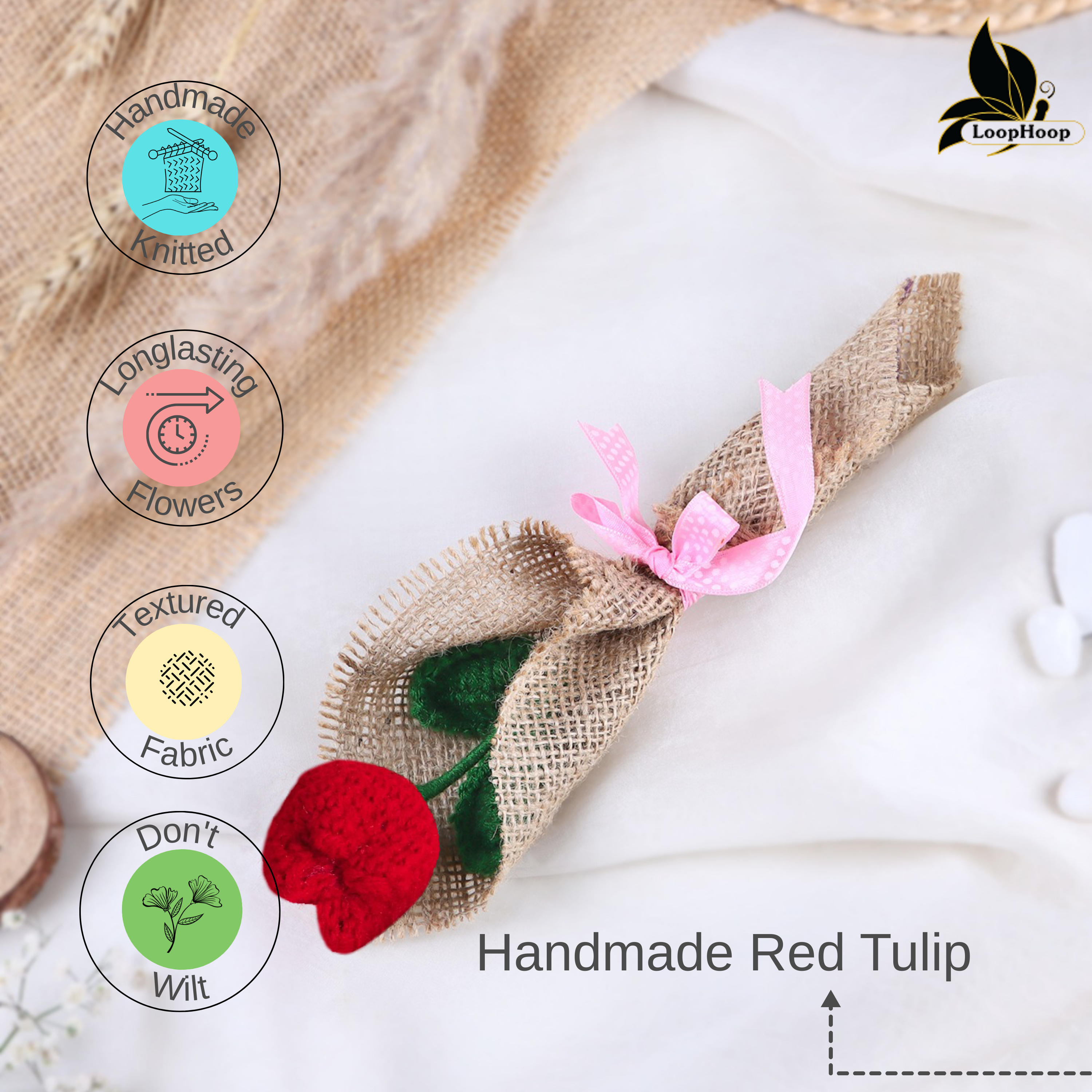 Glowing Handmade Crochet red Tulip Flower Bouquet (1 Stem)