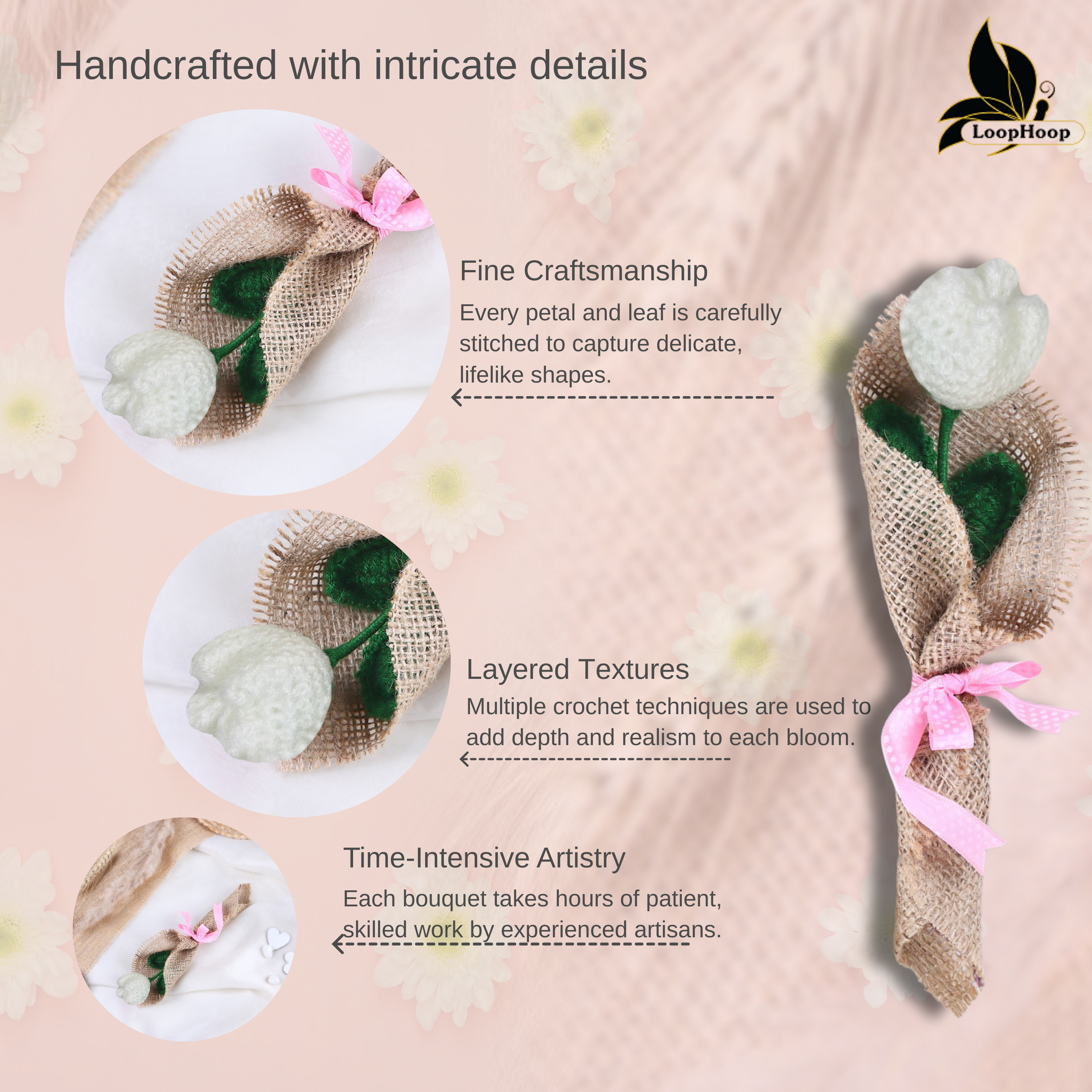 Crochet Handmade White Tulip Bouquet- 1 steam