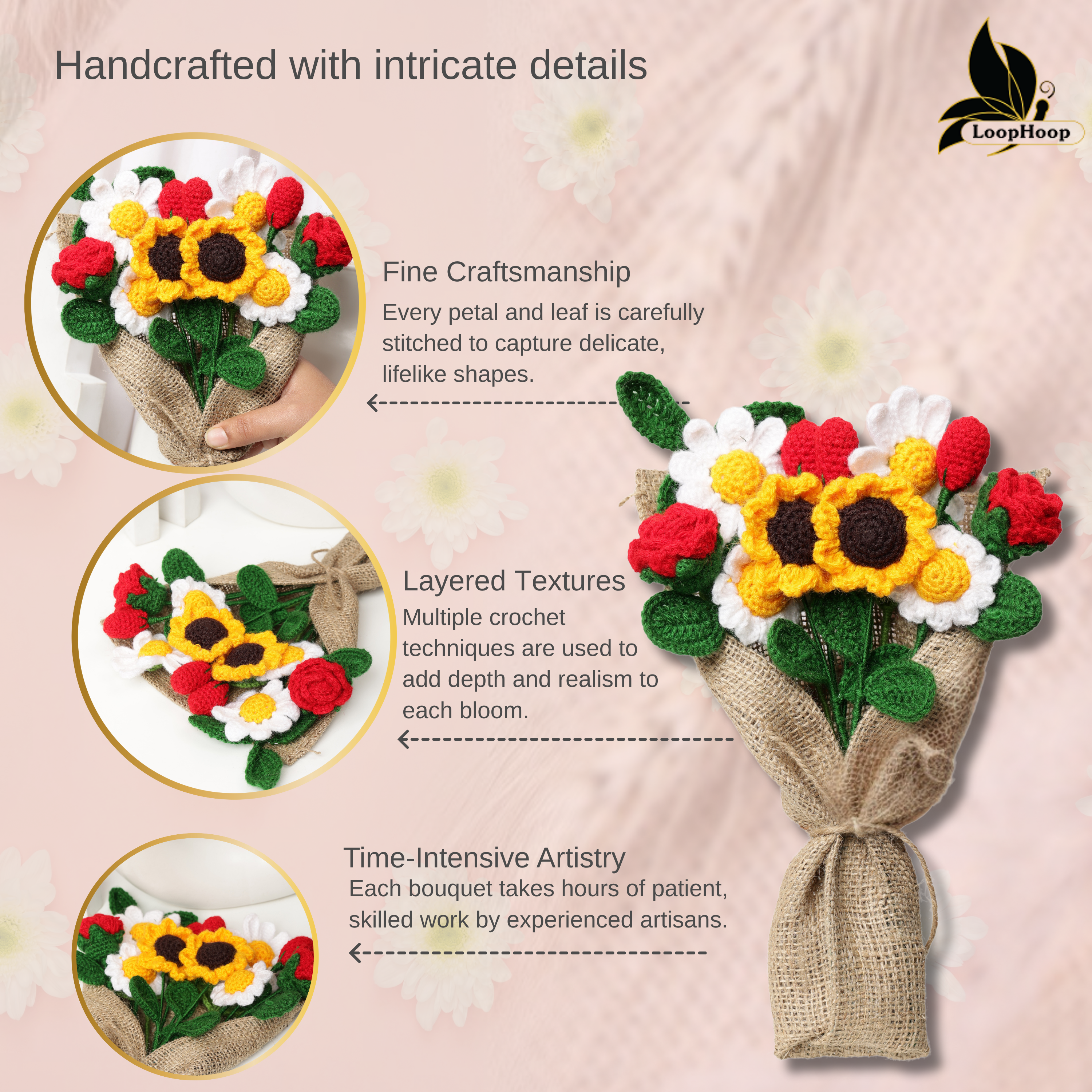 Crochet Handmade Sunflower Mix Bouquet- 12 steam