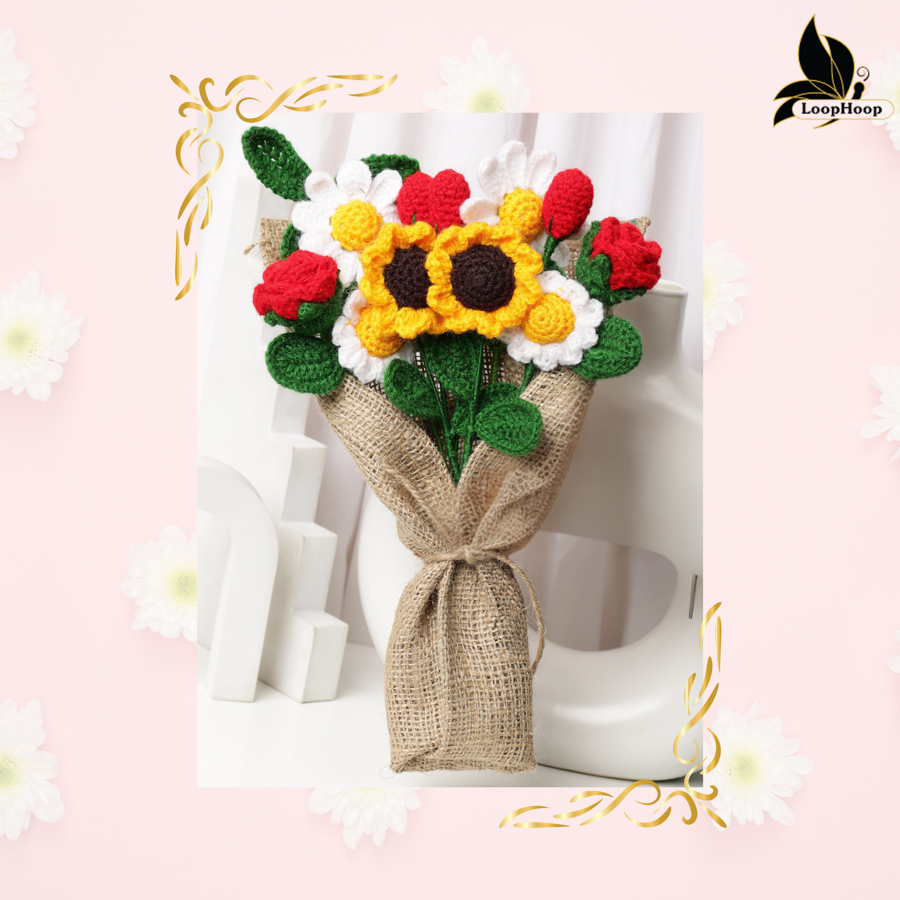 Crochet Handmade Sunflower Mix Bouquet- 12 steam