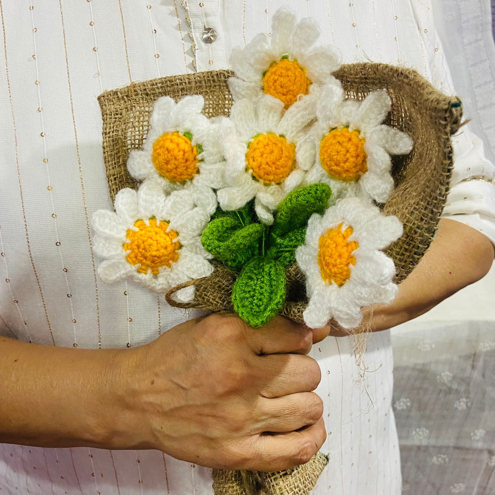 Radiant Handcrafted Crochet Flower White Daisies Bouquet (6 Steams)