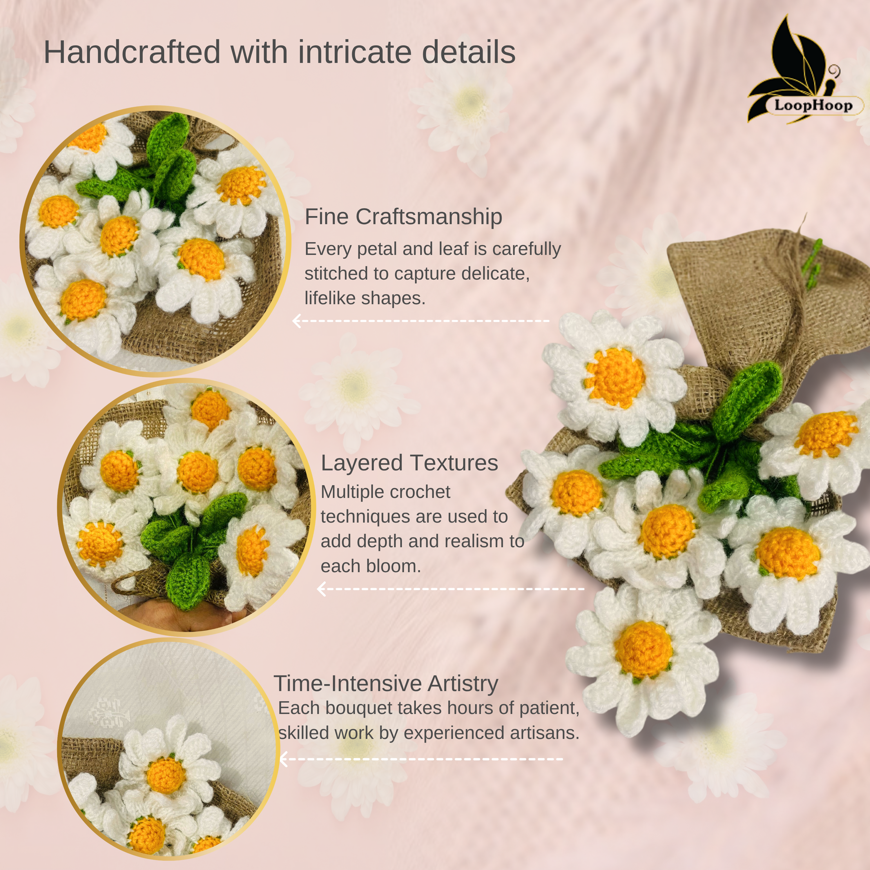 Radiant Handcrafted Crochet Flower White Daisies Bouquet (6 Steams)