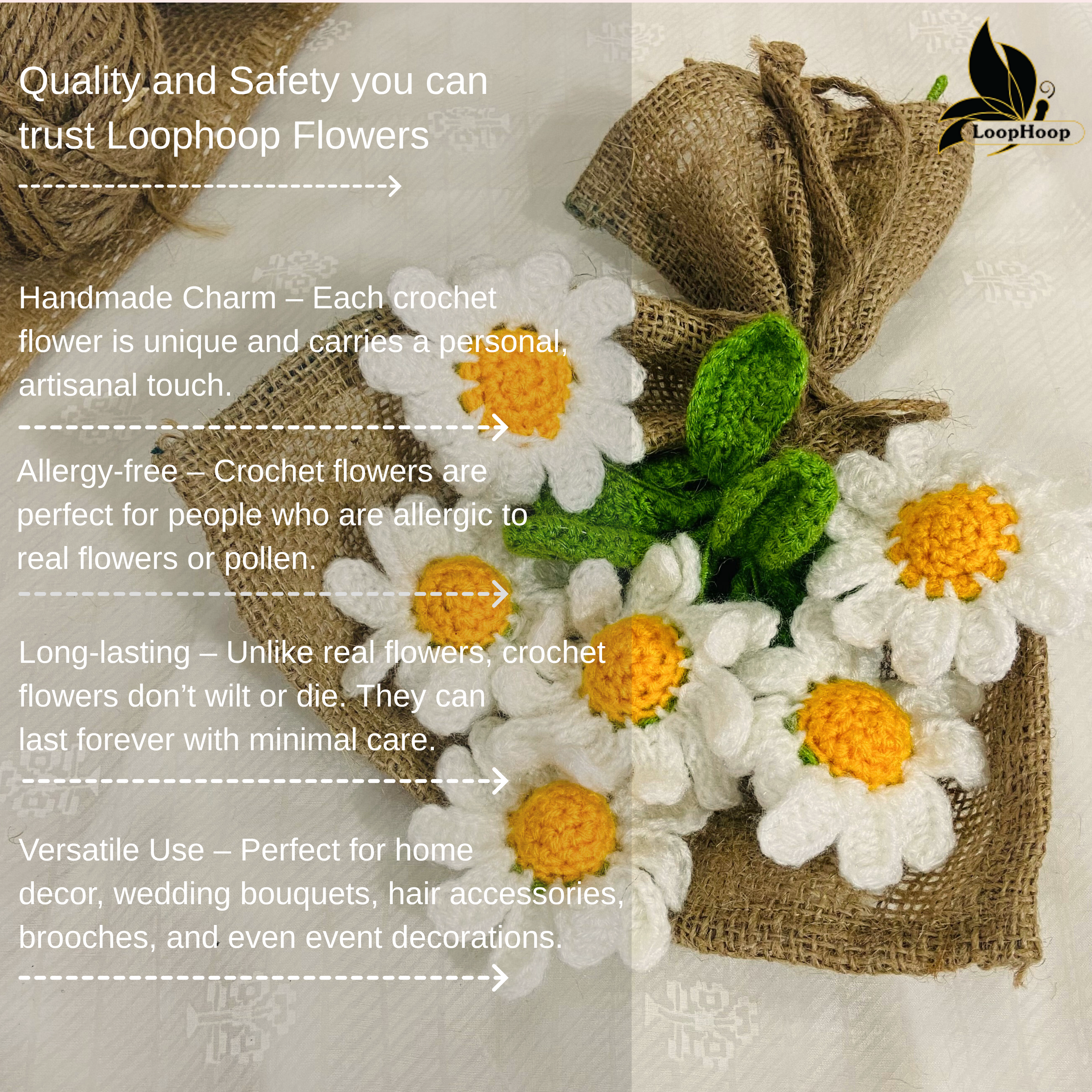 Radiant Handcrafted Crochet Flower White Daisies Bouquet (6 Steams)