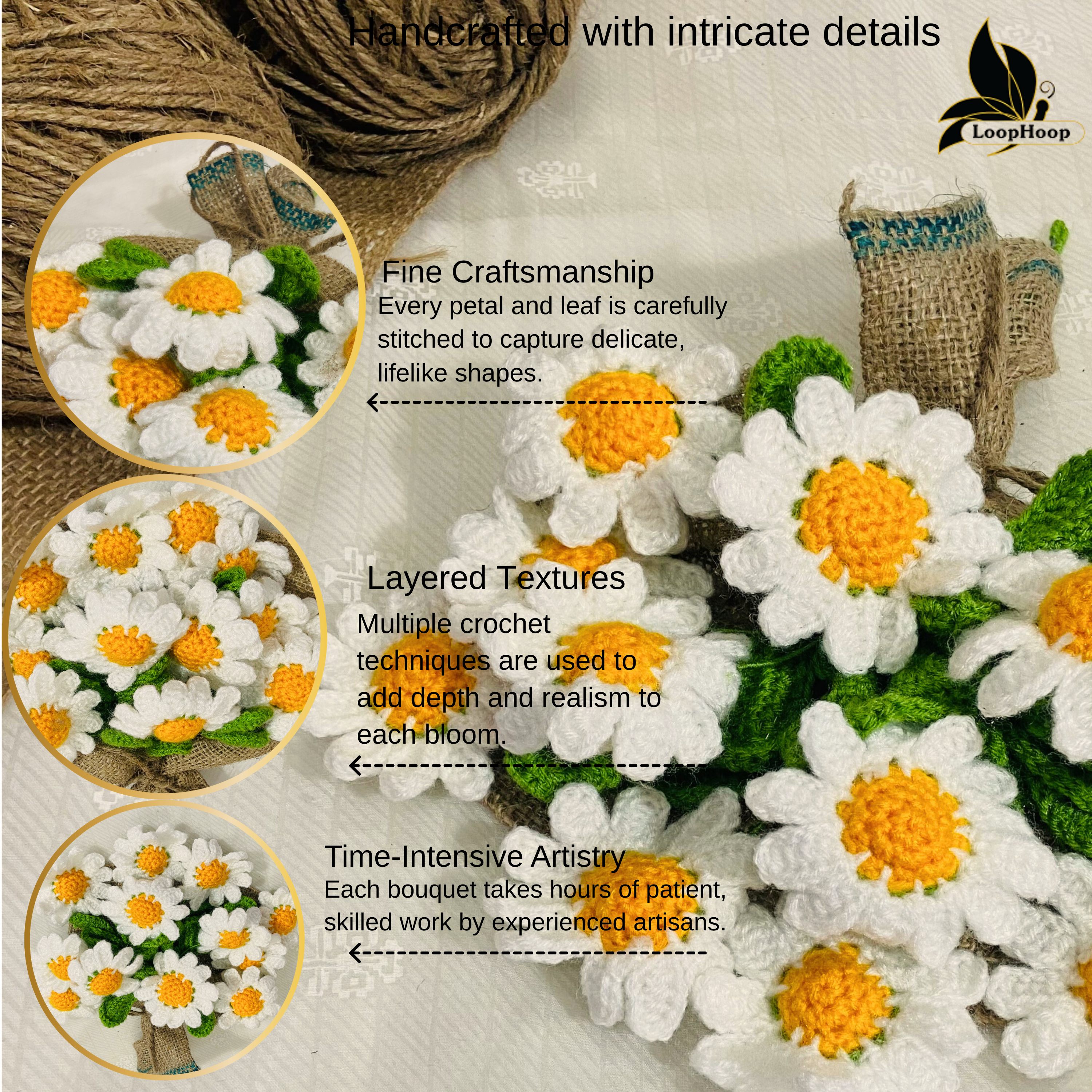 Opulent Handcrafted Crochet Flower White Daisies Bouquet (12 Steams)