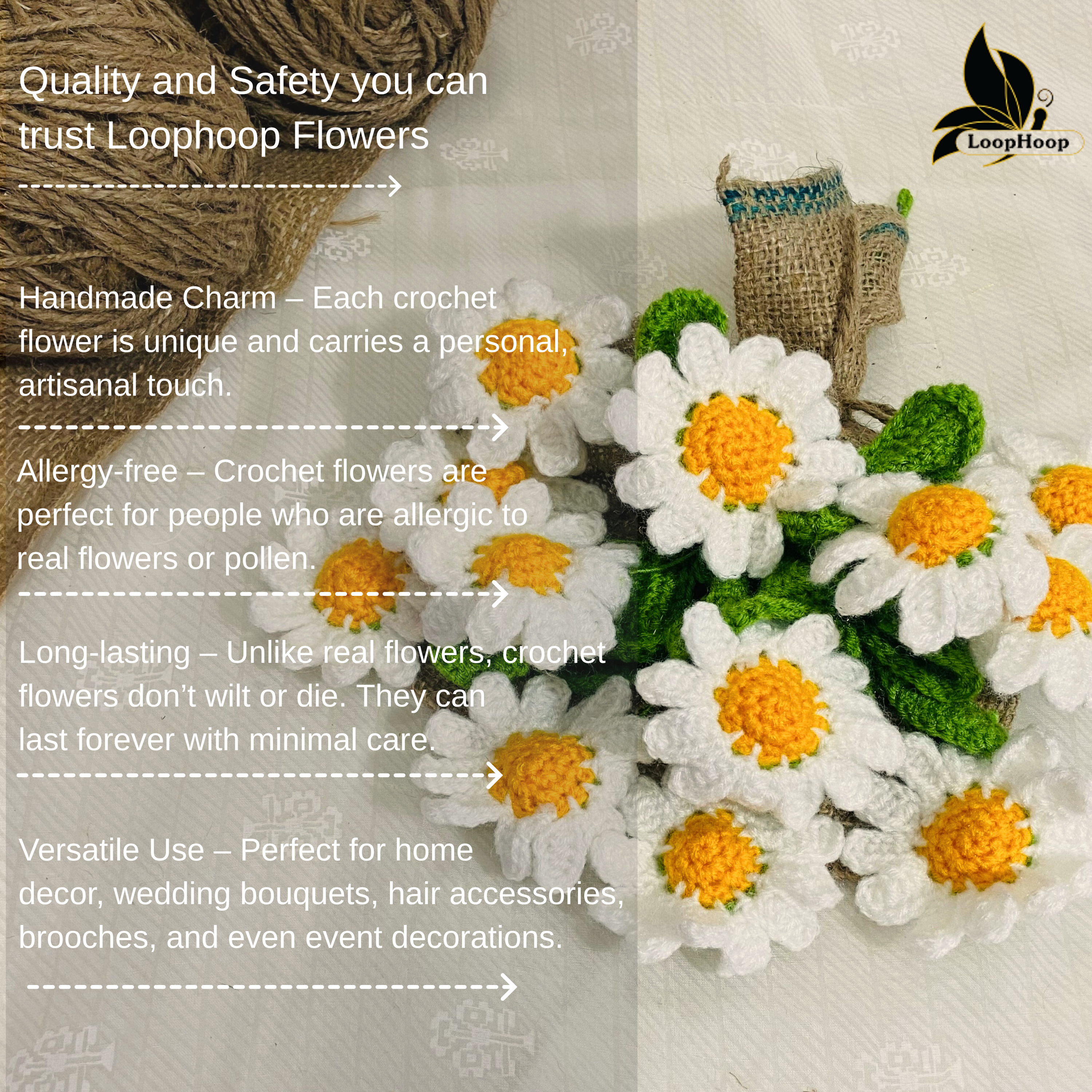 Opulent Handcrafted Crochet Flower White Daisies Bouquet (12 Steams)