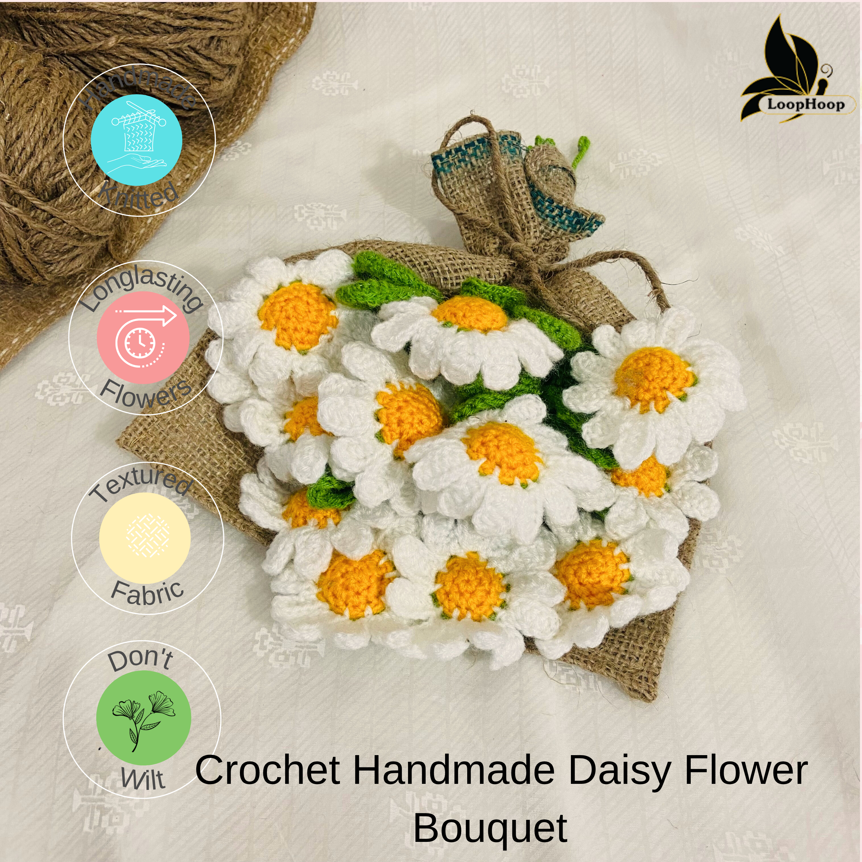 Opulent Handcrafted Crochet Flower White Daisies Bouquet (12 Steams)